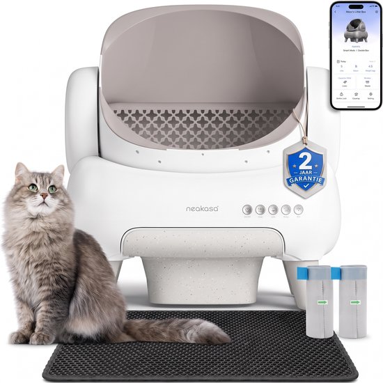 Witte Neakasa M1 zelfreinigende kattenbak met grijze accenten, een app-interface, bijpassende mat en 2 jaar garantie.