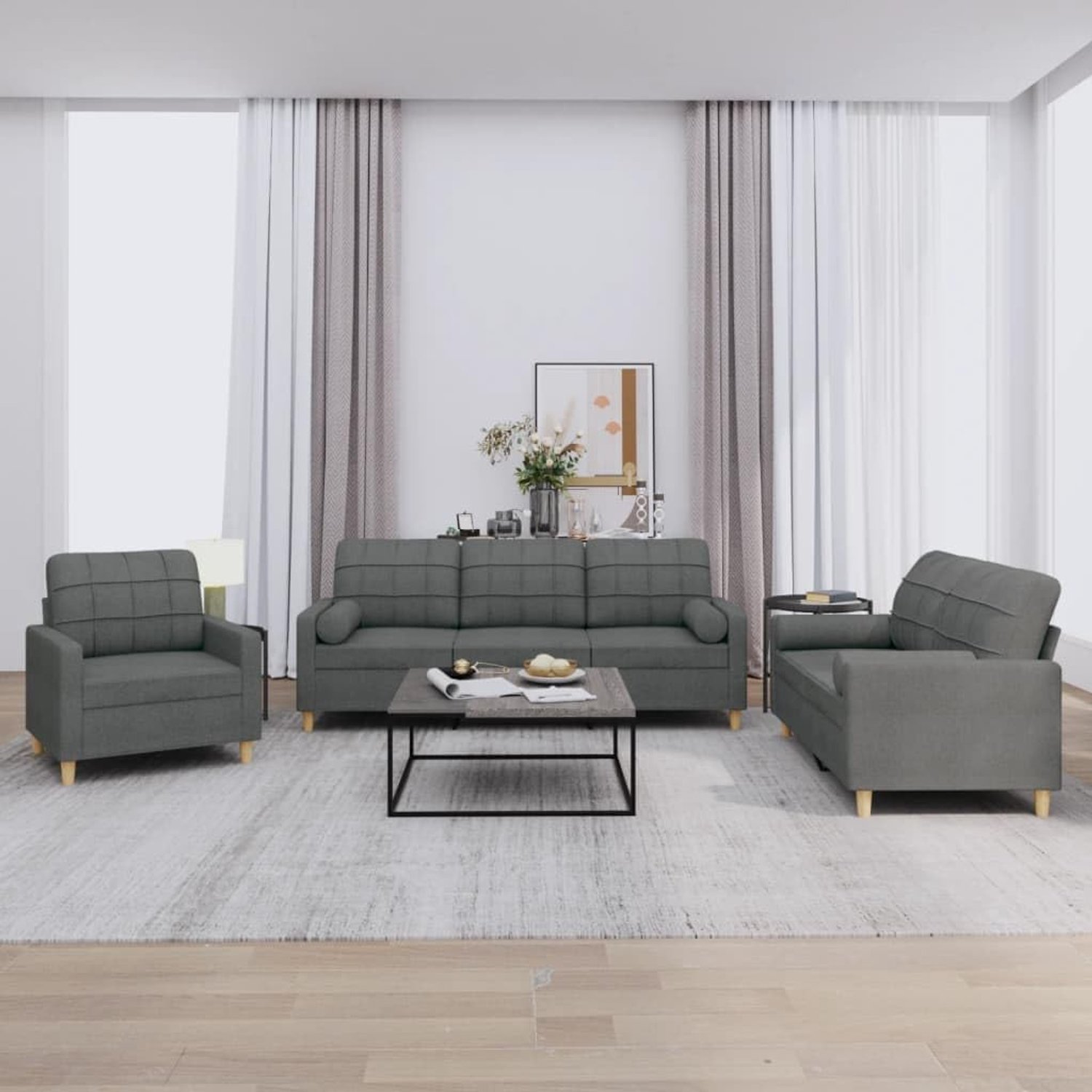 3-delige bankset met kussen, donkergrijze stof, duurzaam gestoffeerde meubels met robuust frame, comfortabele zitting en praktische rolkussens voor woonkamer inrichting