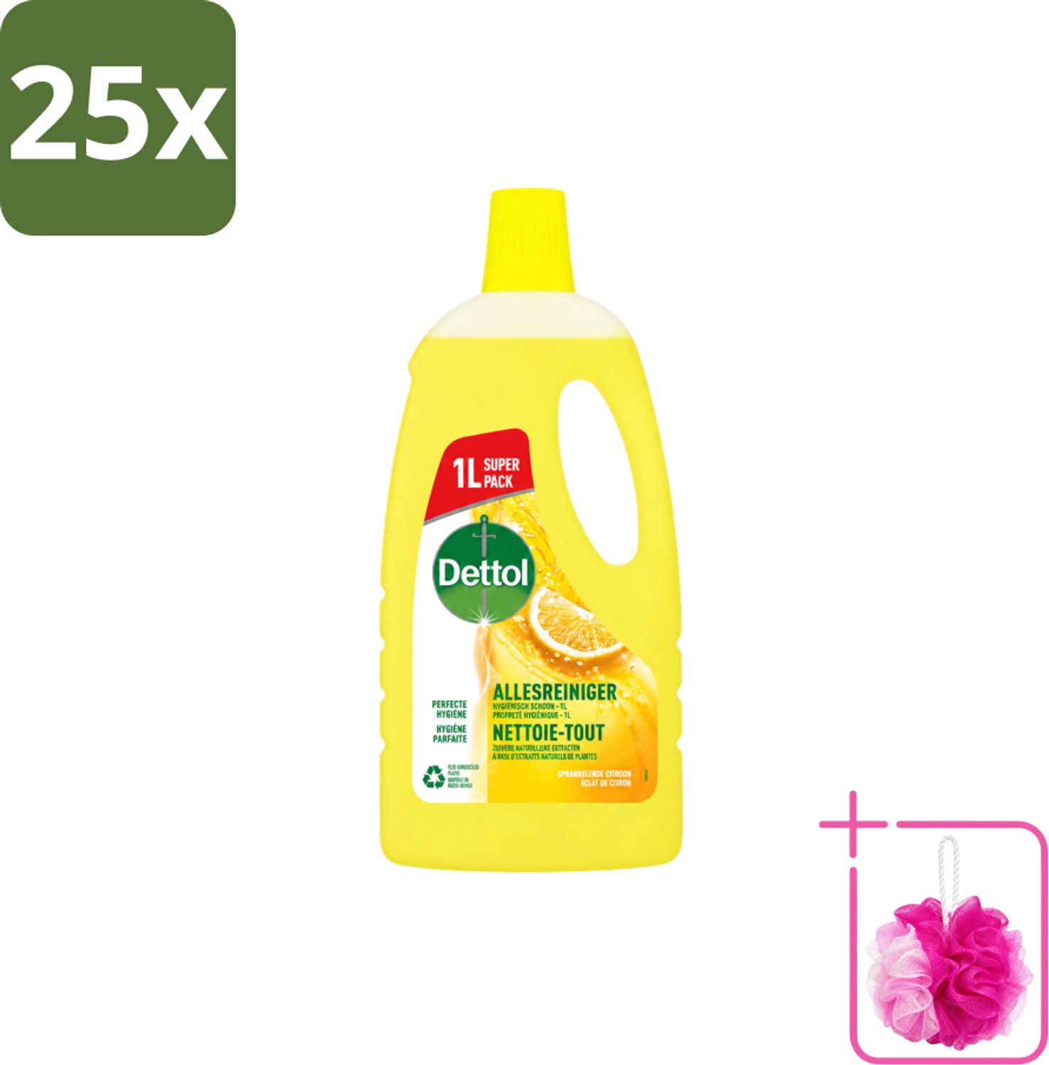 25 x Dettol - Allesreiniger - Citroen - Hygiënisch Schoon - 1 liter - Bulkverpakking - Allesreiniger - Douchemop - Citroengeur