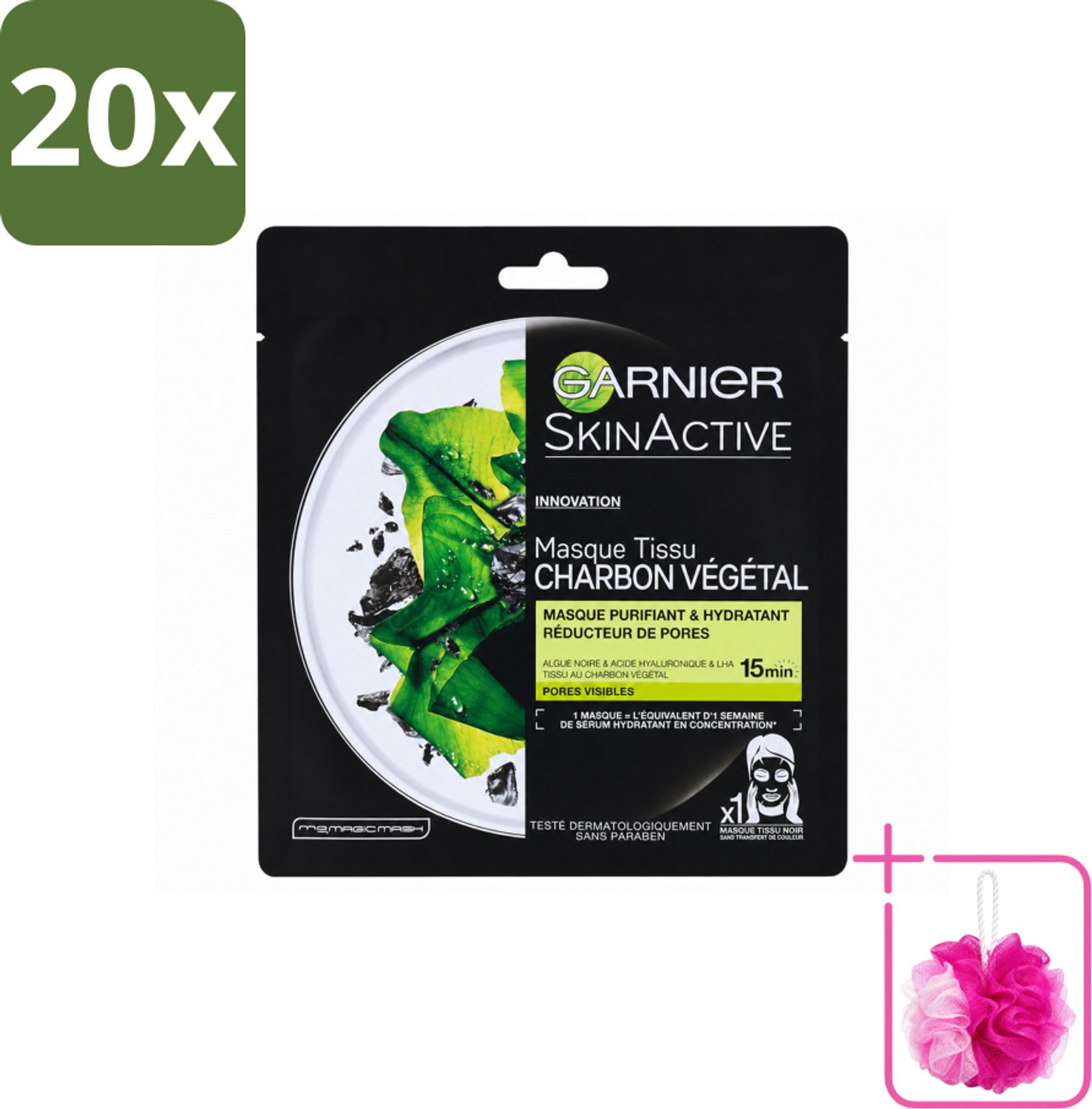 20 x Garnier - SkinActive - Tissue Masker - Charcoal - 1 Gezichtsmasker - Bulkverpakking - Huid zuiveren - Douchemop - Huid hydrateren