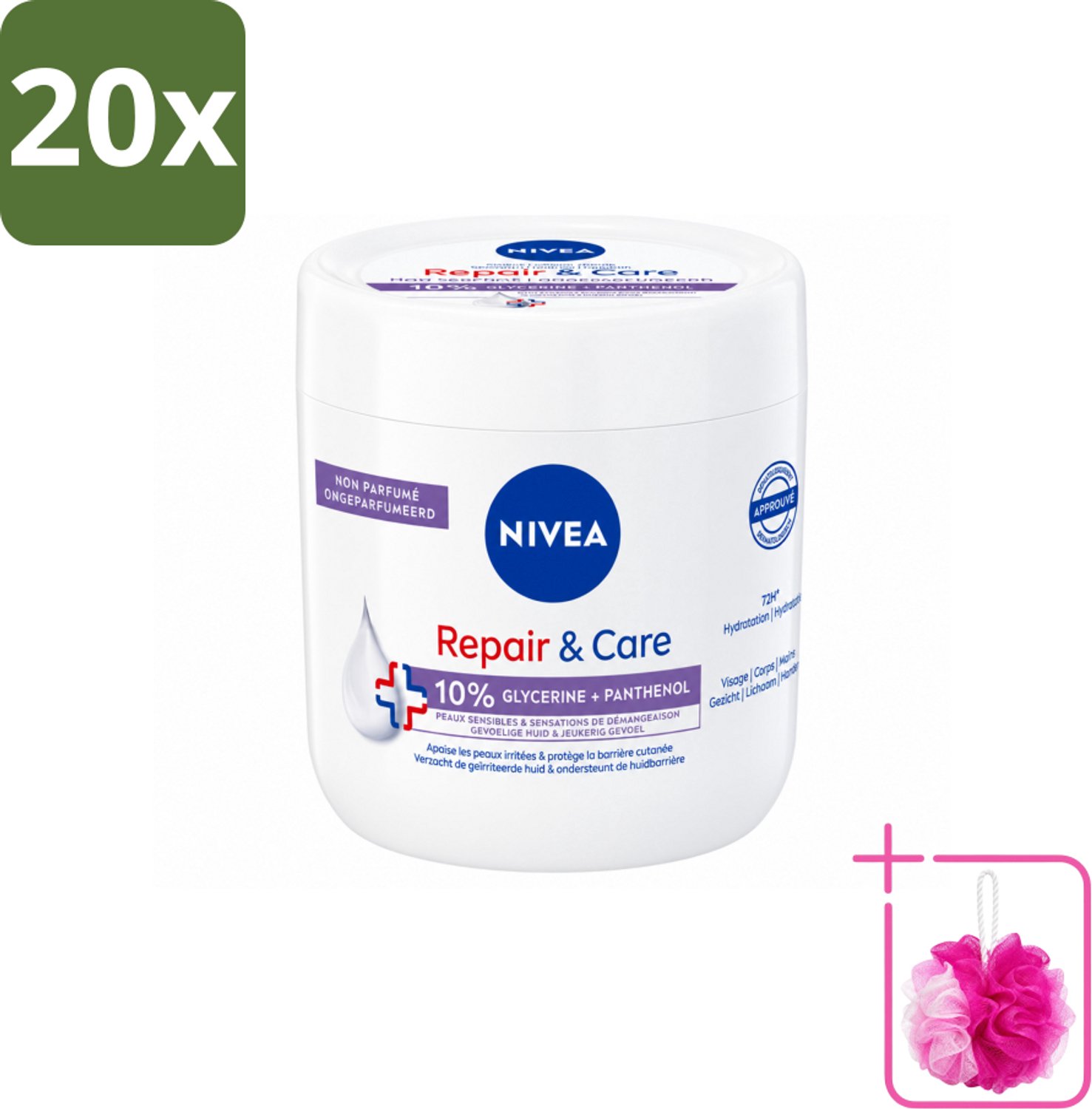 20 x NIVEA - Bodycrème - Herstel & Verzorging Gevoelig - Met 10% Glycerine & Panthenol - Voor gevoelige & jeukerige huid - 400 ml - Bulkverpakking - Gevoelige huid - Douchemop - Jeuk