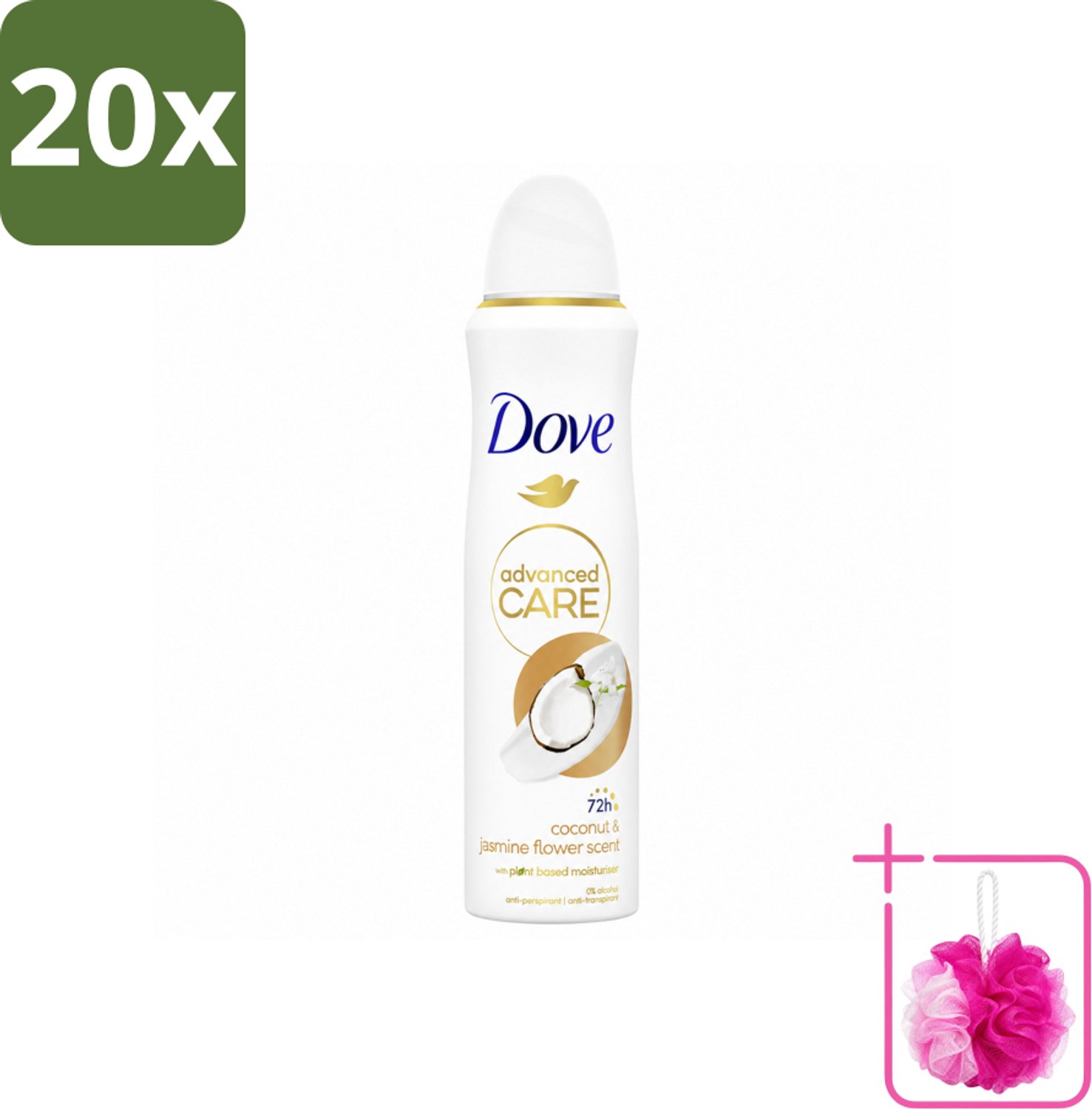 20 x Dove Deodorant Spray - Advanced Care - Kokos & Jasmijnbloem - 150 ml - Bulkverpakking - Dove Deodorant Spray - Douchemop - Kokos en jasmijn