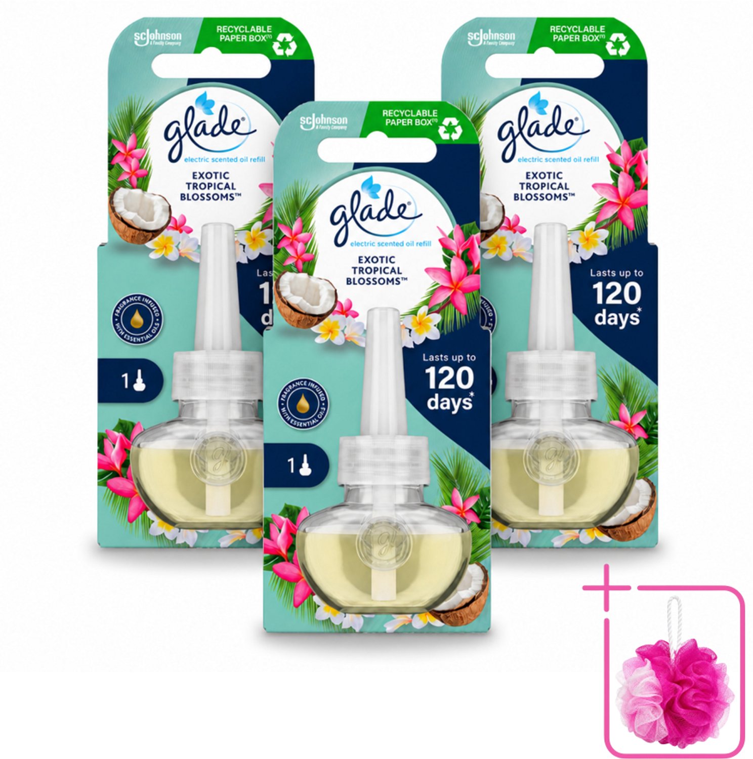 3 x Glade - Navulling Elektrische Olie - Exotic Tropical Blossoms - Zonder Houder - Bulkverpakking - Tropische geur - Douchemop - Monoi olie