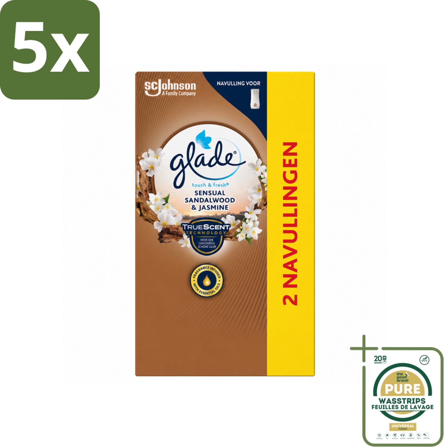 5 x Glade - Touch & Fresh Navulling - Sensual Sandelhout Jasmijn - 2 × 10 ml - Wasstrips - Luchtverfrisser - Geur - Geurnavulling - Sandelhout - Jasmijn