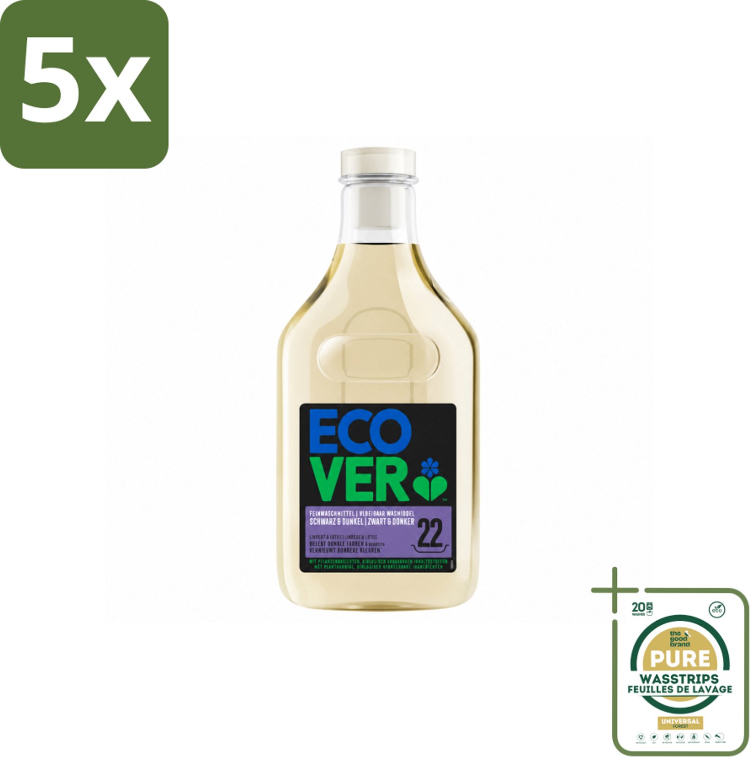 5 x Ecover - Vloeibaar wasmiddel - Zwart & Donker - 1 liter - 22 wasbeurten - Wasstrips - Donker Wasmiddel - Kleurbehoud - Donkere Stoffen - Kleuroverdracht Voorkomen - Ecologisch Wasmiddel