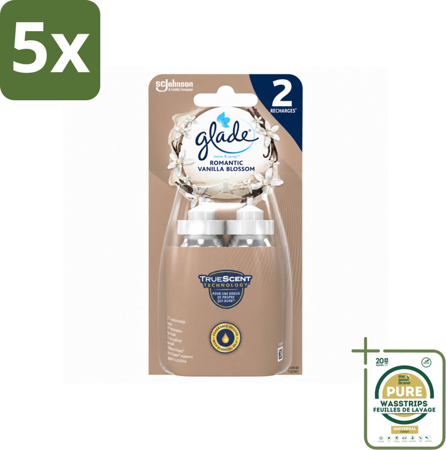 5 x Glade - Sense & Spray - Romantic Vanillebloesem - 2 × 18 ml - Wasstrips - Romantische Geur - Luchtverfrisser - Geurverspreider - Automatische Geur - Essentiële Oliën