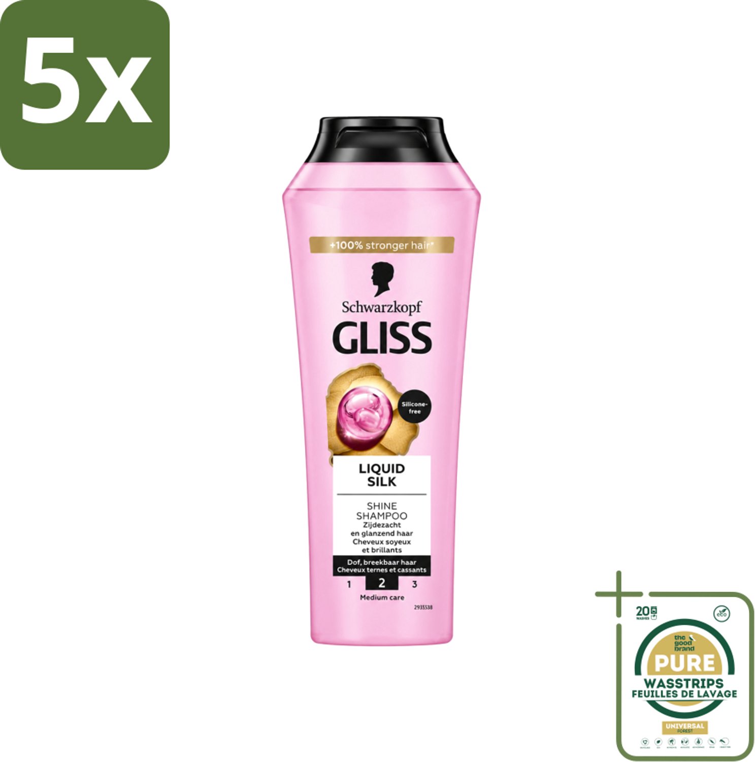 5 x Gliss - Shampoo - Liquid Silk - Voor Glanzend en Zijdezacht Haar - 250 ml - Wasstrips - Haarverzorging - Glansshampoo - Zijdezacht Haar - Lichtgewicht Shampoo - Siliconenvrije Shampoo