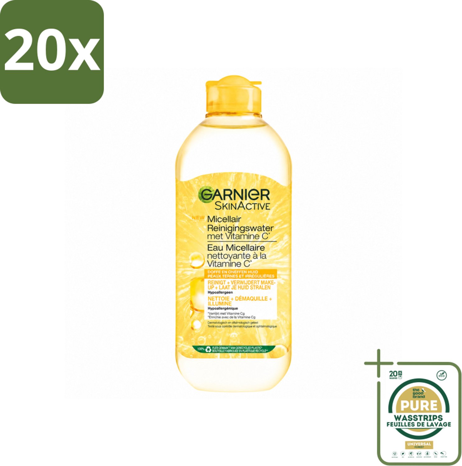 20 x Garnier - SkinActive - Micellair Water - Vitamine C - Reinigingswater - 400 ml - Wasstrips - Micellair Reinigingswater - Vitamine C - Huid Reinigen - Make-up Verwijderen - Stralende Huid