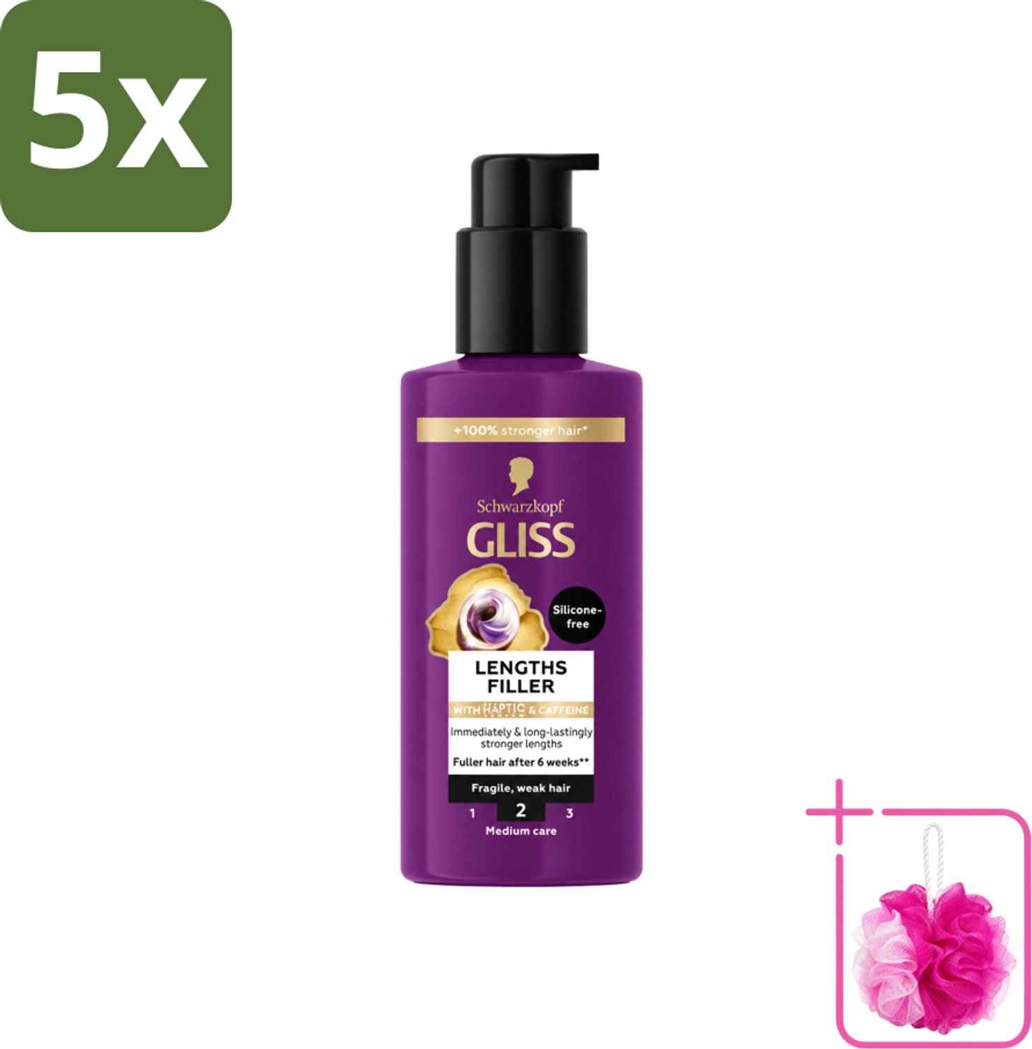 5 x Gliss - Haarserum - Lengths Filler - Siliconenvrij met Cafeïne - Voor Sterker Haar - 100 ml - Bulkverpakking - Haarserum - Douchemop - Cafeïne