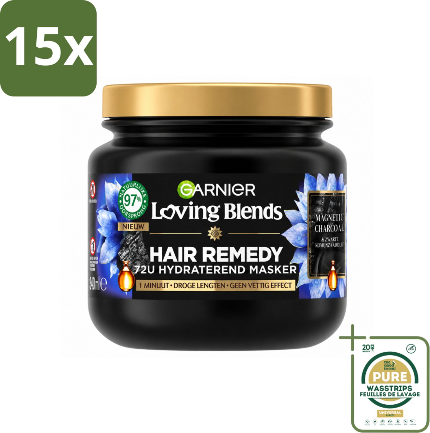 15 x Garnier - Loving Blends Magnetic Charcoal - Haarmasker - Droge Lengtes - 340 ml - Wasstrips - Haarmasker - Droog Haar - Hydratatie - Natuurlijke Ingrediënten - Charcoal