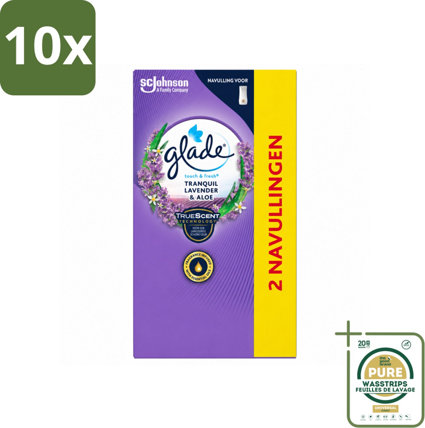 10 x Glade - Touch & Fresh Navulling - Tranquil Lavender & Aloë - 2 × 10 ml - Wasstrips - Luchtverfrisser - Lavendel - Geur - Ontspanning - Geurverspreiding