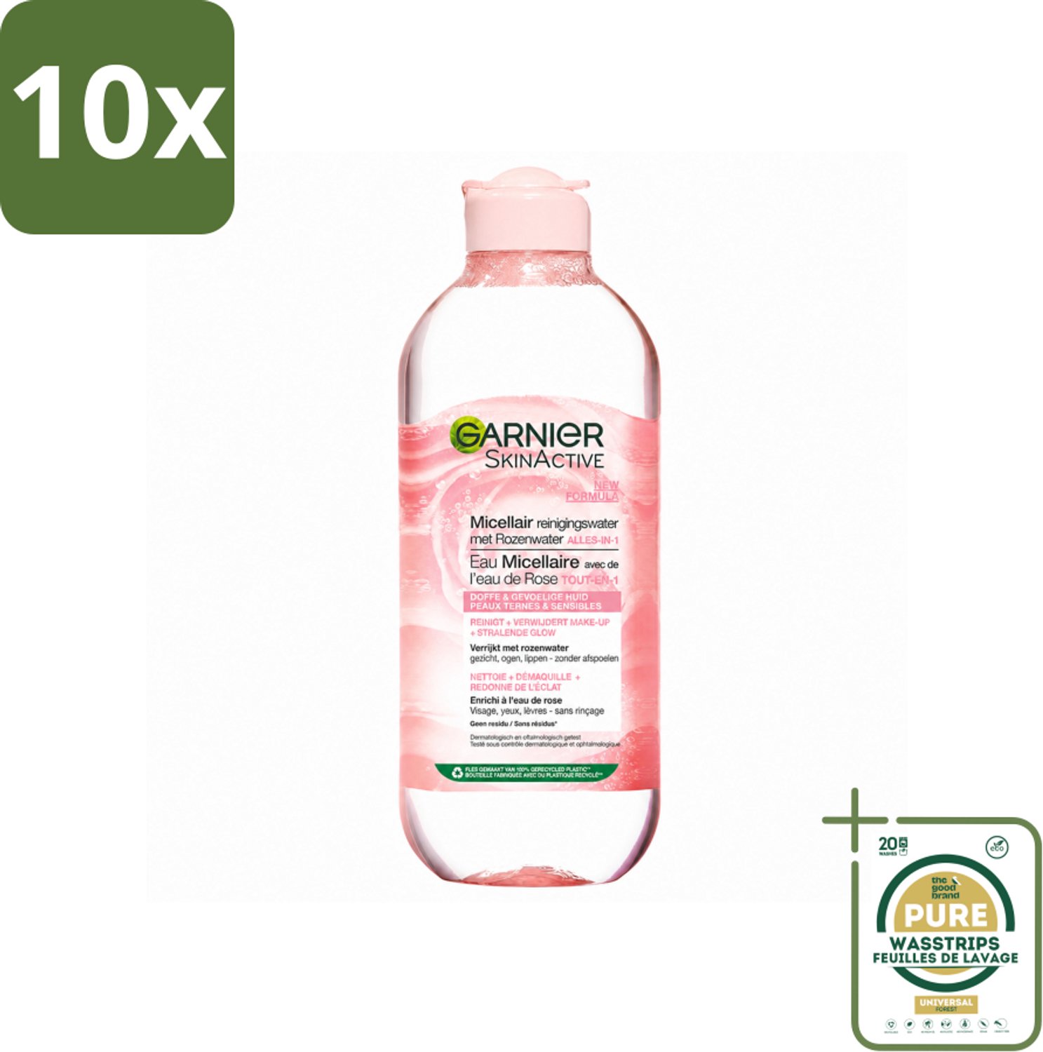 10 x Garnier - SkinActive - Micellair Reinigingswater - Rozenwater - Stralende Huid - 400 ml - Wasstrips - Micellair Reinigingswater - Rozenwater - Stralende Huid - Gezicht Reinigen - Make-up Verwijderen