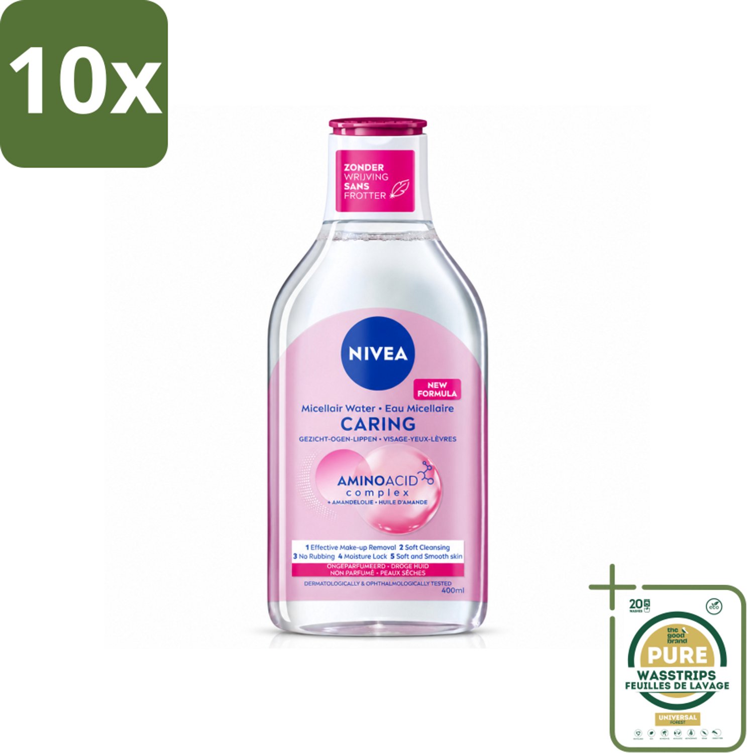 10 x NIVEA - Micellair Water - Essentials Verzachtend & Verzorgend - Voor droge huid - Met Amandelolie & Aminozuren - 400 ml - Wasstrips - Micellair Water - Gezichtsreiniger - Droge Huid - Verzorgend Water - Amandelolie