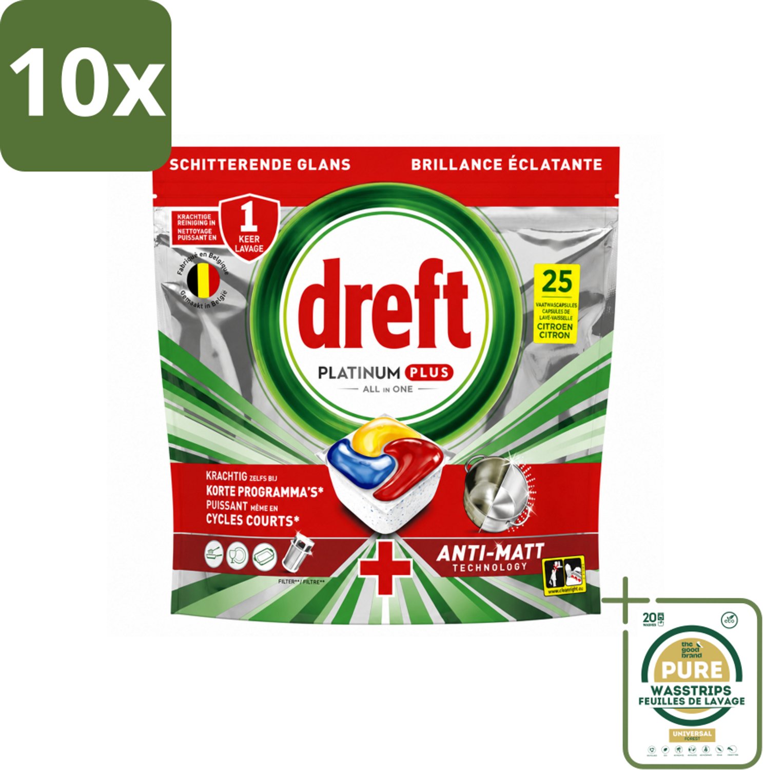 10 x Dreft - Vaatwastabletten - Platinum Plus All-in-One Citroen - Frisse geur - 25 Tabletten - Wasstrips - Vaatwasmiddel - Doffe Glans - Glans Herstellen - Vaatwasmachine - Vaatwastabletten
