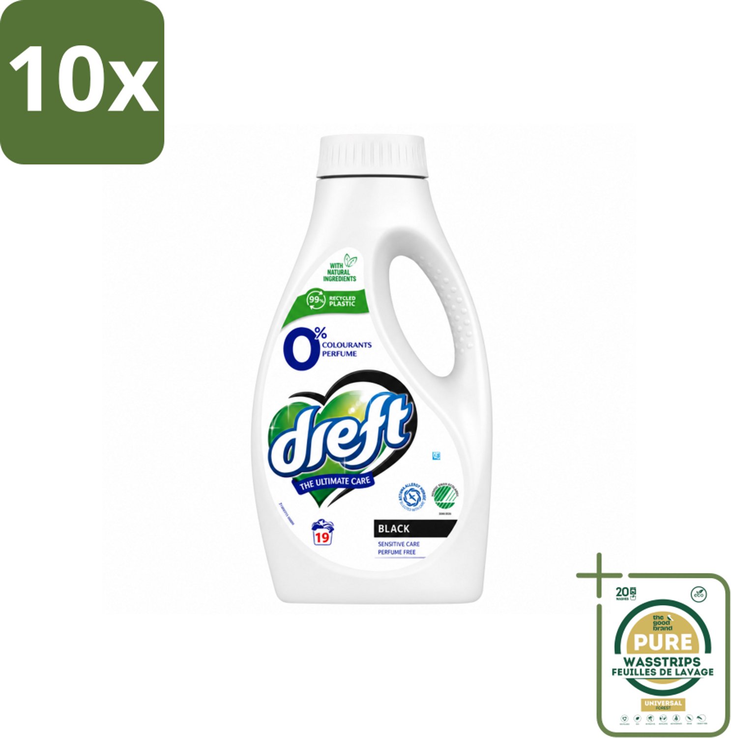10 x Dreft - Vloeibaar Wasmiddel - 0% Donkere Was - Kleurbescherming - 19 Wasbeurten - Wasstrips - Donkere Was - Gevoelige Huid - Kleurbescherming - Parfumvrij - Milde Was