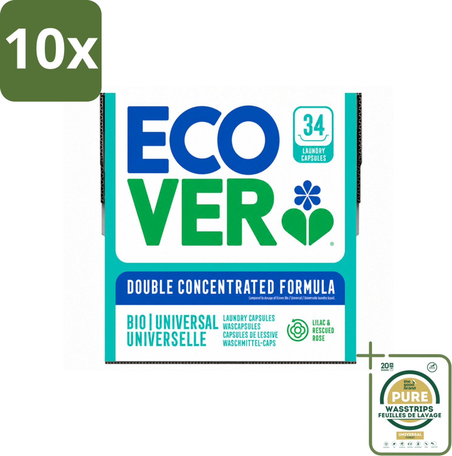 10 x Ecover - Waspods - Universeel - Geconcentreerde formule - 34 wasbeurten - Wasstrips - Wasmiddel - Waspods - Duurzame Was - Krachtige Reiniging - Wasbeurten