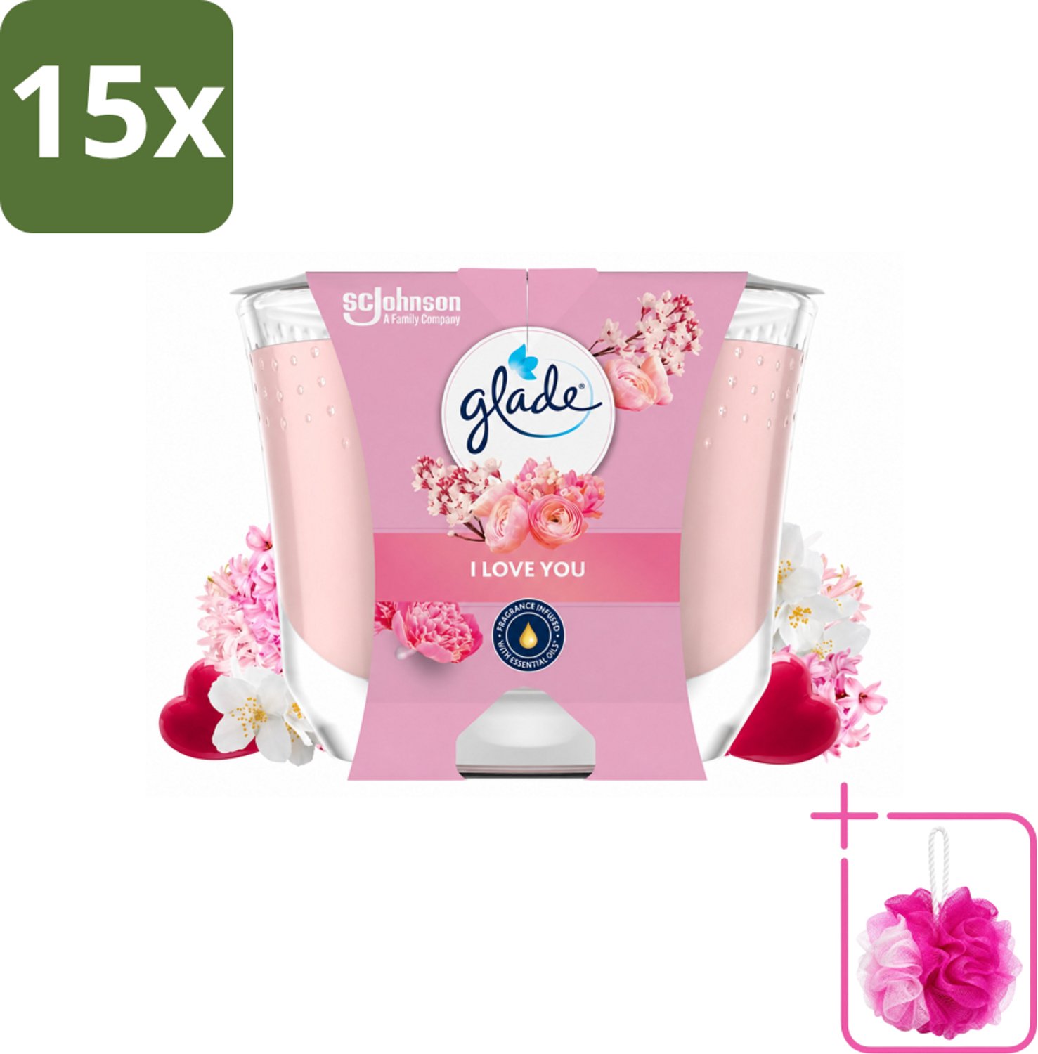 15 x Glade - Geurkaars I Love You - 100% Raapzaadwas - 204 g - Bulkverpakking - Geurkaars - Douchemop - Romantische geur