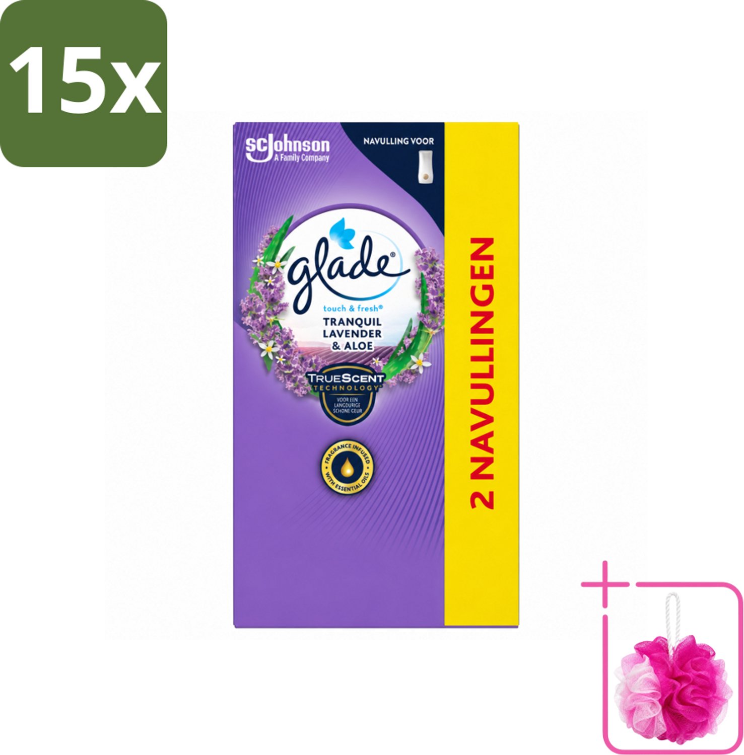 15 x Glade - Touch & Fresh Navulling - Tranquil Lavender & Aloë - 2 × 10 ml - Bulkverpakking - Geur - Douchemop - Ontspanning