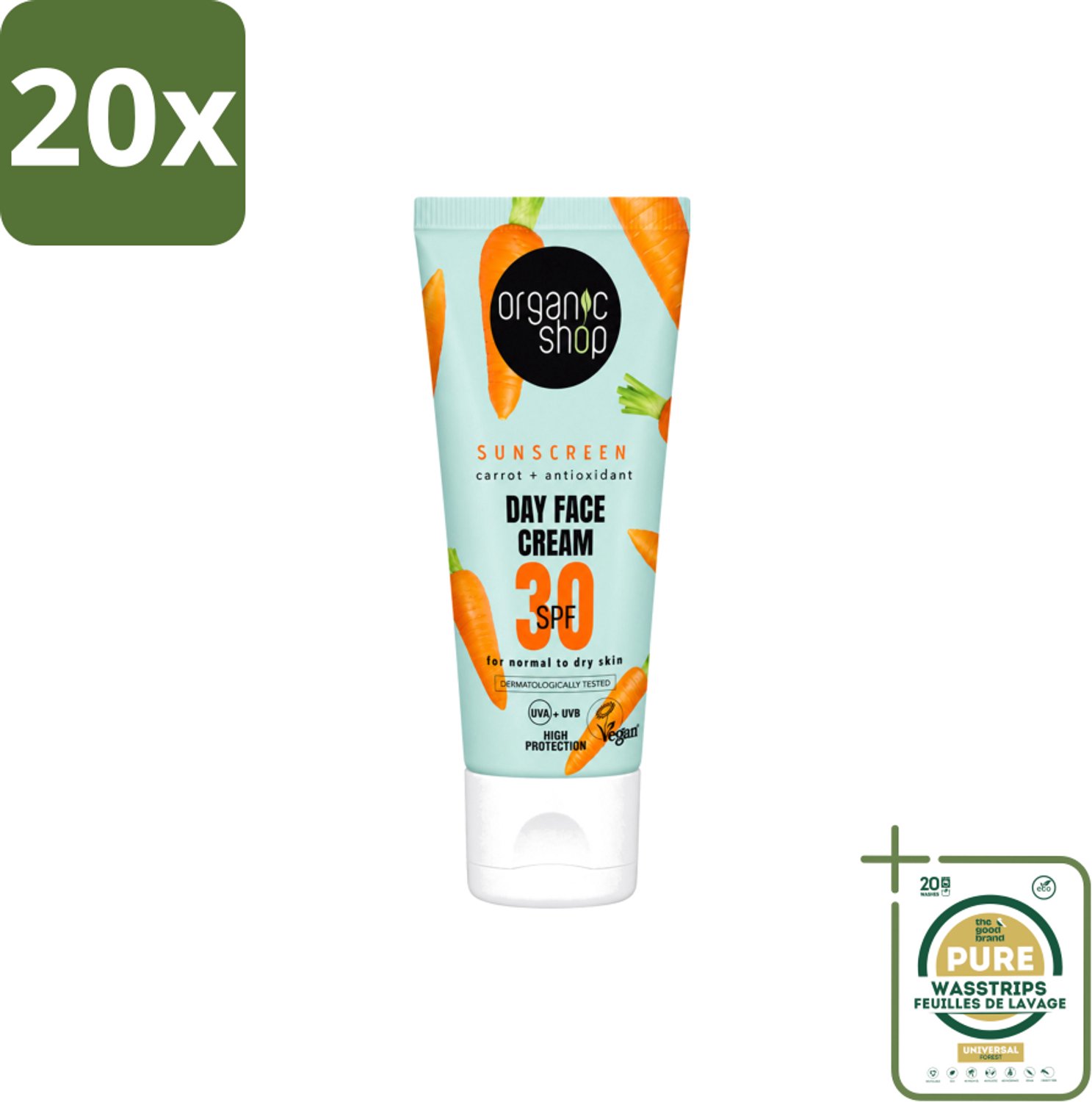 20 x Organic Shop - Zonnebrandcrème Gezicht SPF 30 - Normale Huid - 50 ml - Wasstrips - Zonnebrandcrème - Gezichtsbescherming - SPF 30 - Huidbescherming - UVA/UVB Bescherming