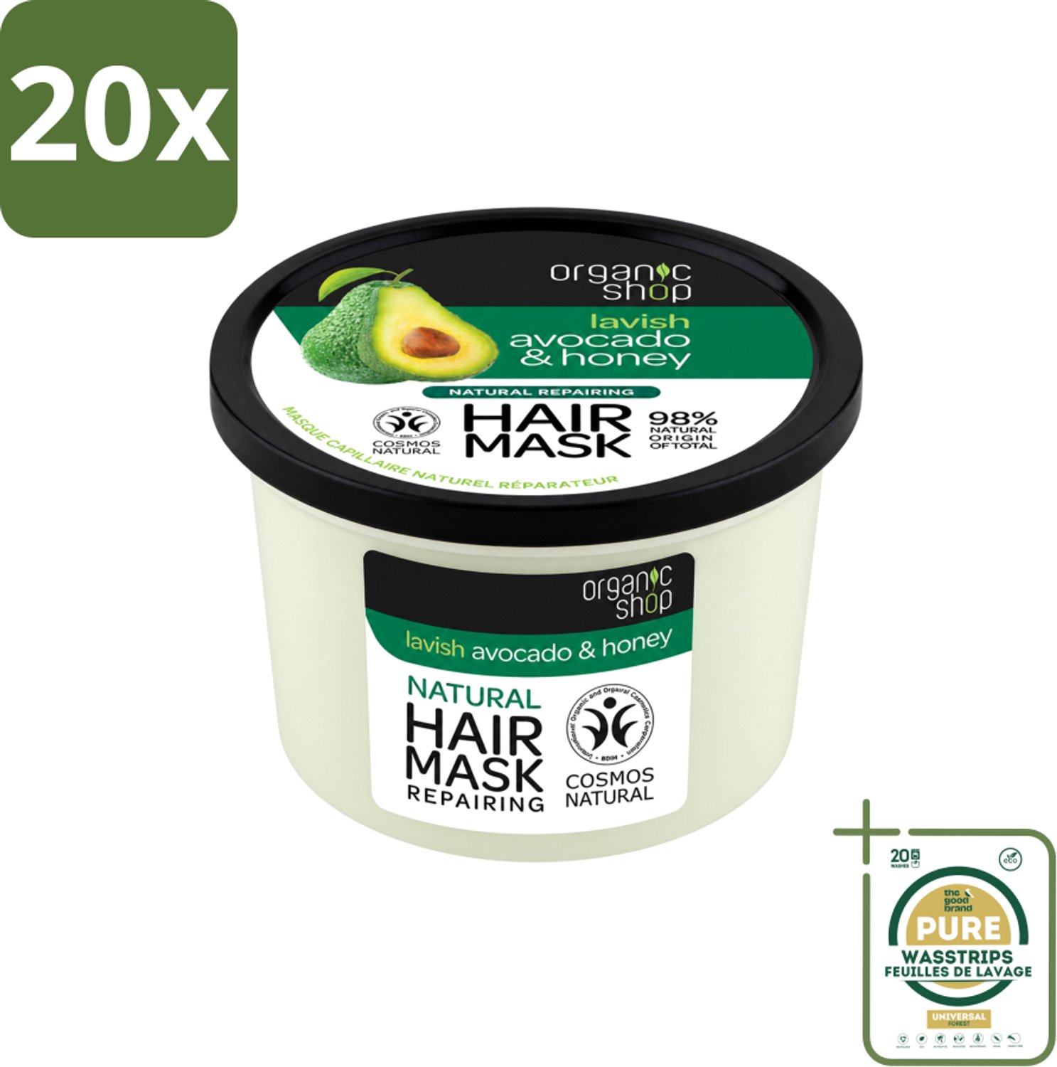 20 x Organic Shop - Haarmasker Avocado & Honey - Hydraterend en Verzachtend - 250 ml - Wasstrips - Haarmasker Avocado En Honing - Natuurlijk Haarmasker - Droog Haar Herstellen - Haar Verzachten - Haar Herstellen