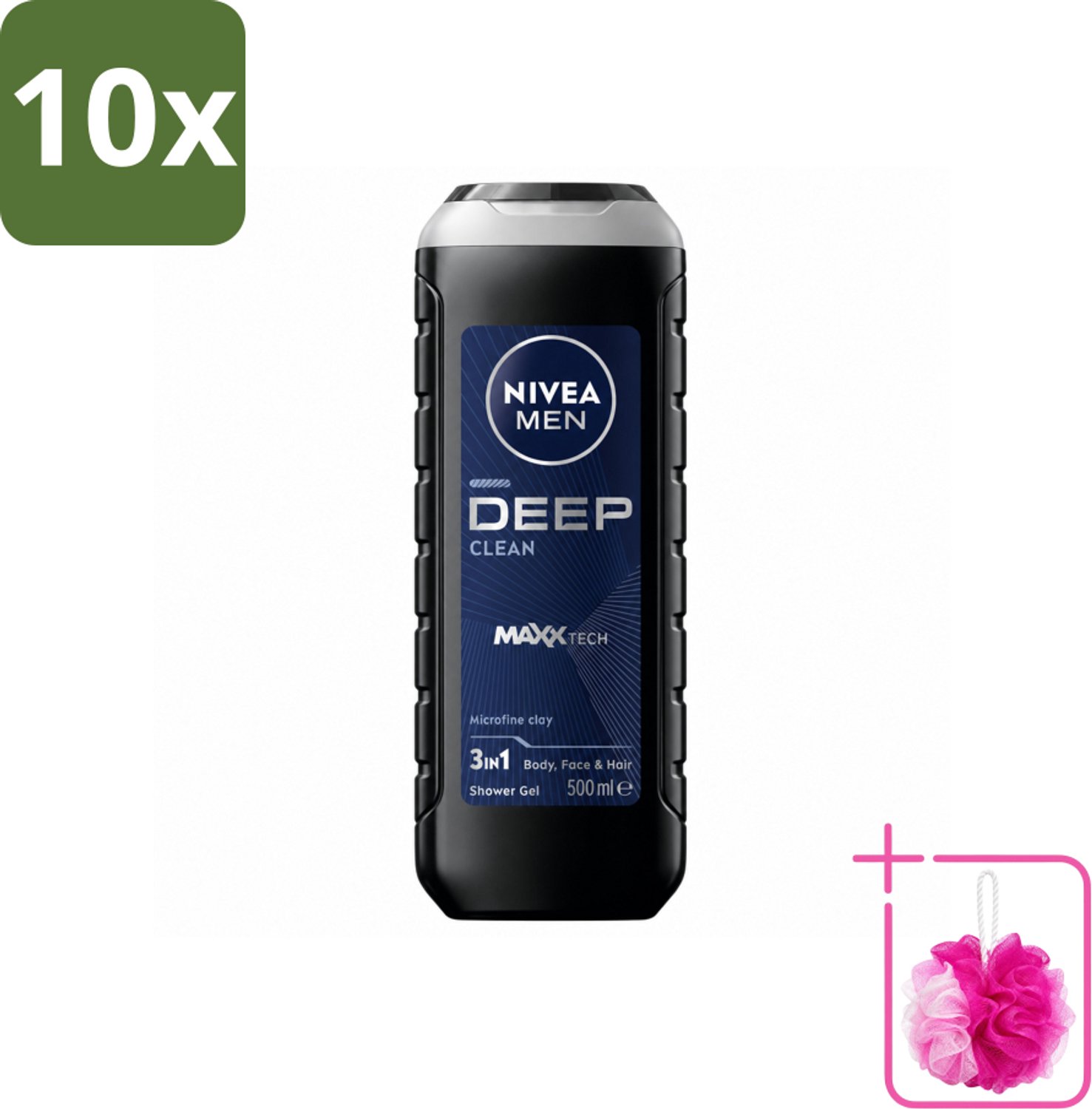10 x NIVEA MEN - Douchegel - Deep Clean 3-in-1 - 500 ml - Bulkverpakking - Diepe reiniging - Douchemop - Microklei