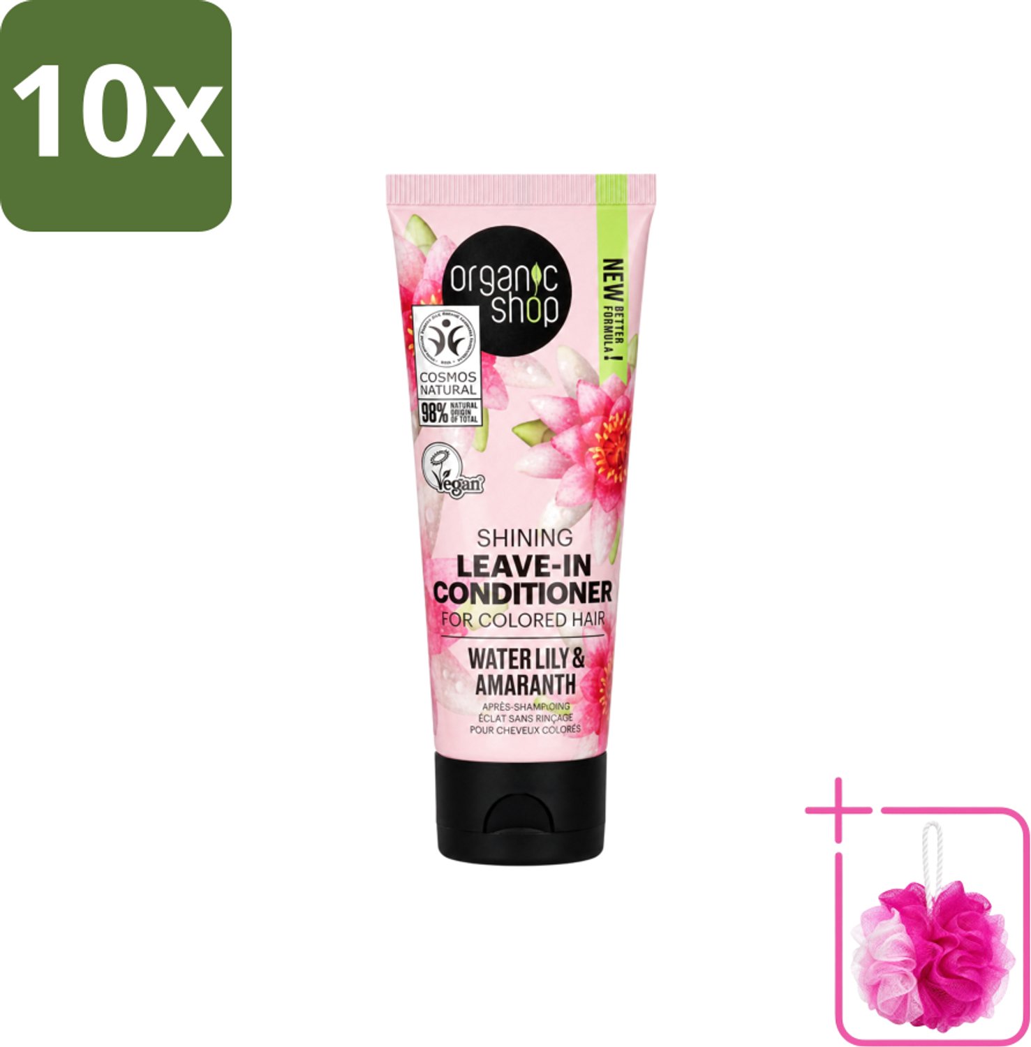 10 x Organic Shop - Shining Leave-In Conditioner Water Lily & Amaranth - 75 ml - Bulkverpakking - Haarkleur bescherming - Douchemop - Natuurlijke haarkleur