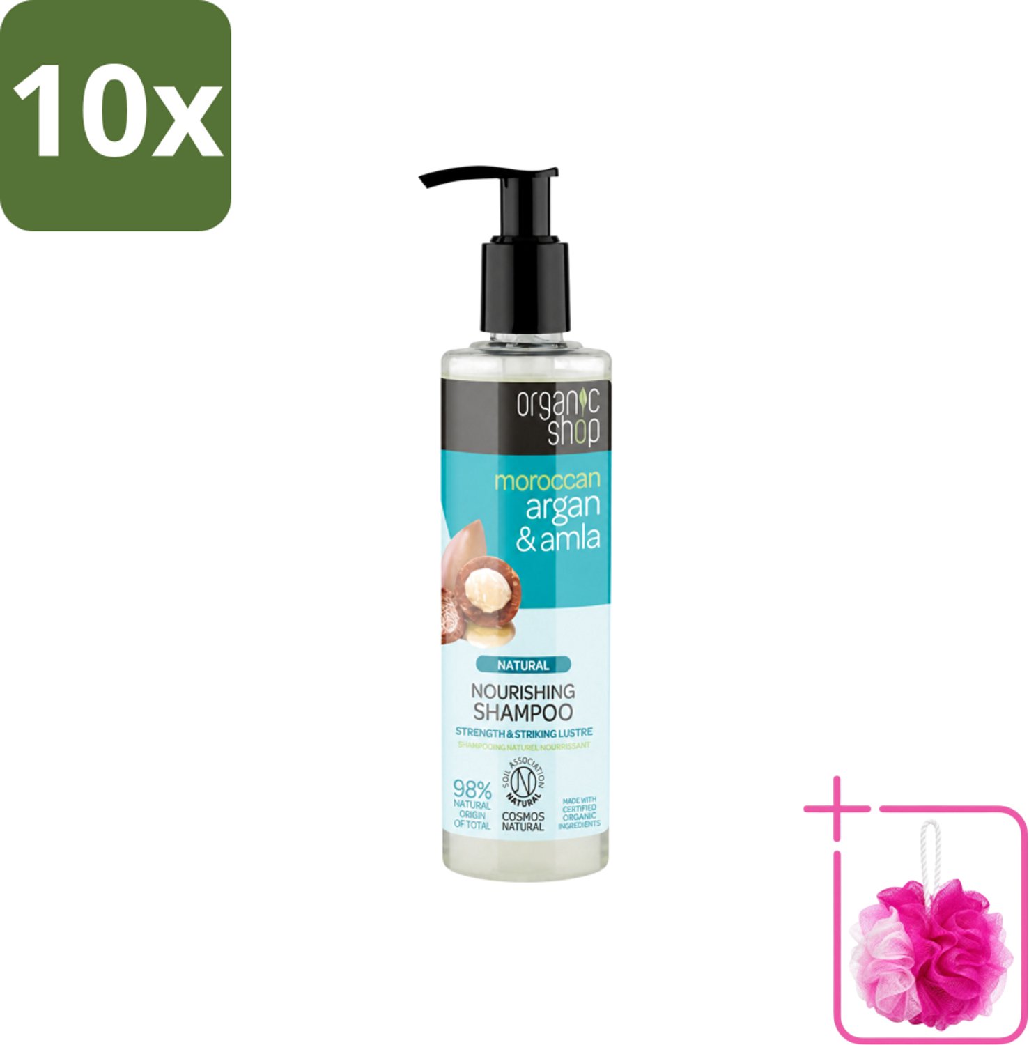 10 x Organic Shop - Natural Nourishing Shampoo - Argan Hair & Amla - Herstellend en Voedend - 280 ml - Bulkverpakking - Argan haar shampoo - Douchemop - Amla haar shampoo