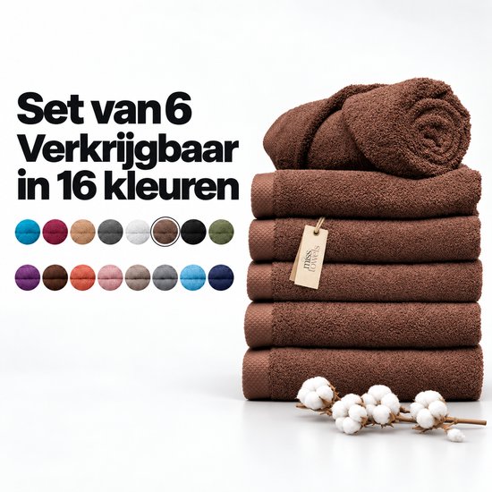 Stapel bruine handdoeken met Miss Towels-label, katoenbloemen en kleurkaart voor 16 opties. Tekst: Set van 6.