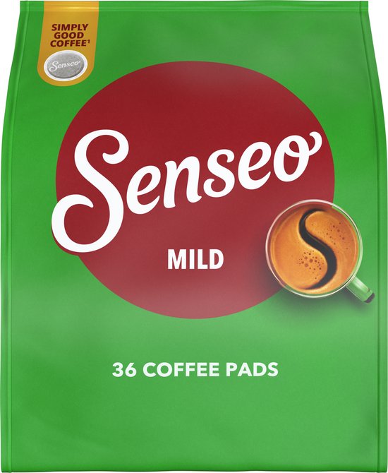 Voorzijde van Senseo Mild koffiepads verpakking, 36 stuks, groen met grote rode cirkel en kopje koffie.