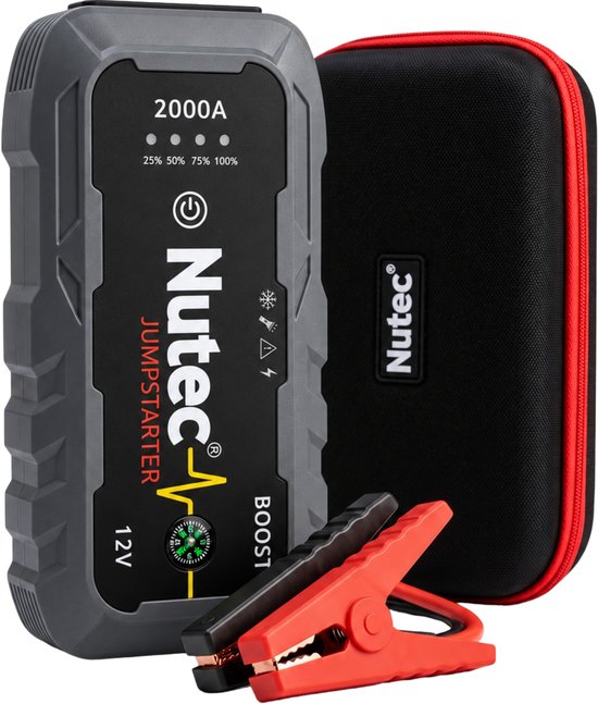 Grijze Nutec 2000A 12V jumpstarter met kompas, bijbehorende startkabels en zwarte opbergtas met rode rits.