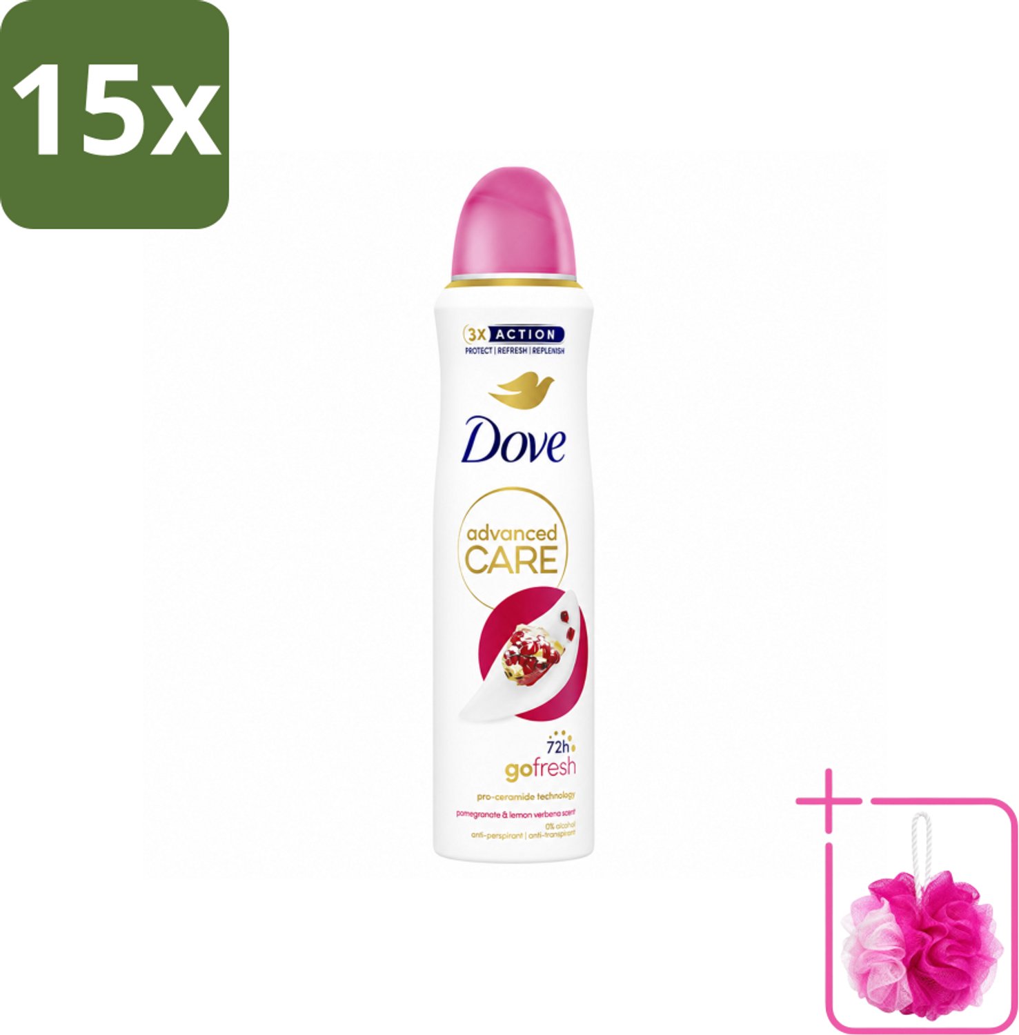 15 x Dove Deodorant Spray - Granaatappel & Citroenverbena - 150 ml - Bulkverpakking - Anti-transpirant - Douchemop - Zweetvermindering
