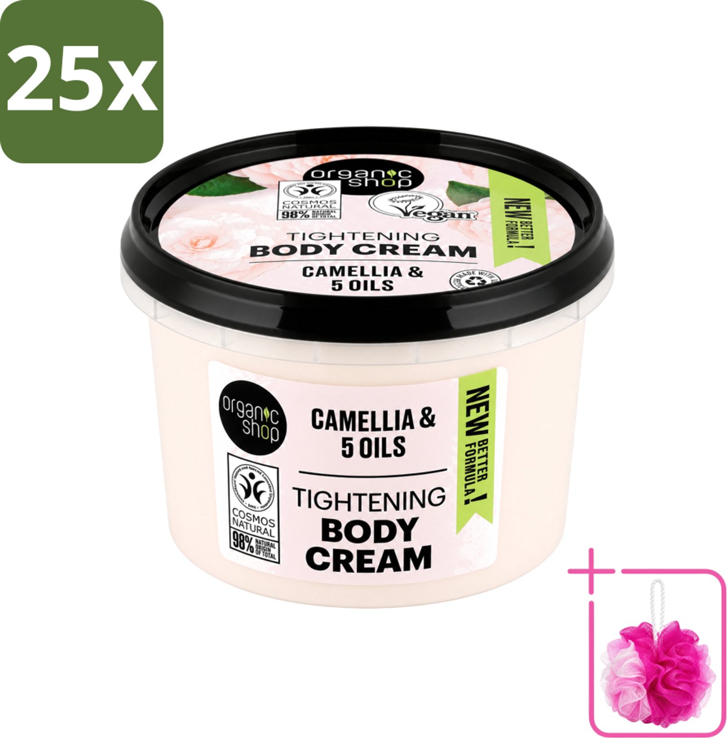 25 x Organic Shop - Organic Camellia & 5 Oils Body Cream - Verzachtend en Hydraterend - 250 ml - Bulkverpakking - Organische bodycrème - Douchemop - Japanse kamelia