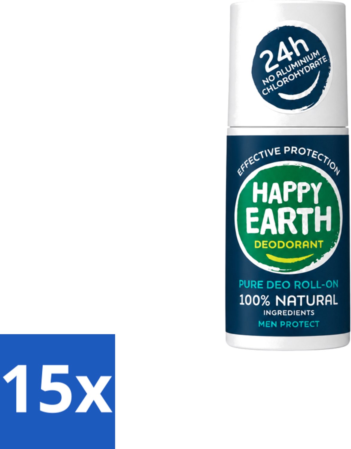 15 x Happy Earth – Deodorant Roll-On – 100% Natuurlijk Men Protect – 75 ml - Voordeelverpakking - 15 stuks