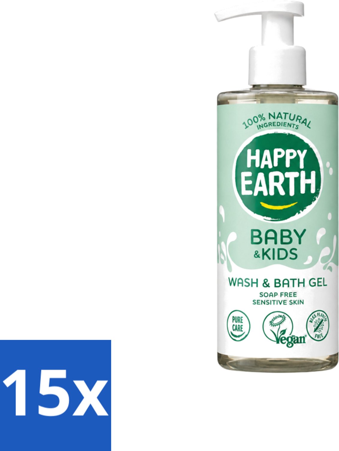 15 x Happy Earth – Was & Badgel – Zeepvrij Baby & Kids – 300 ml - Voordeelverpakking - 15 stuks