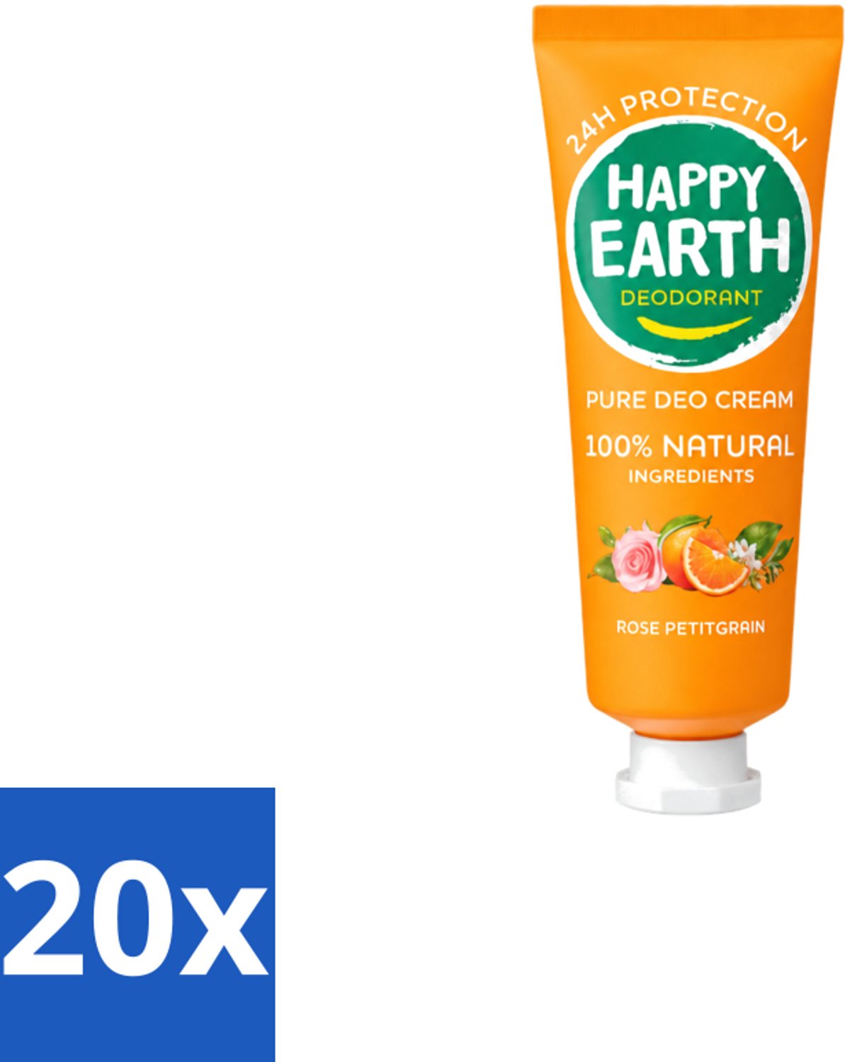 20 x Happy Earth – Deodorant Cream – 100% Natuurlijk Rose Petitgrain – 40 ml - Voordeelverpakking - 20 stuks