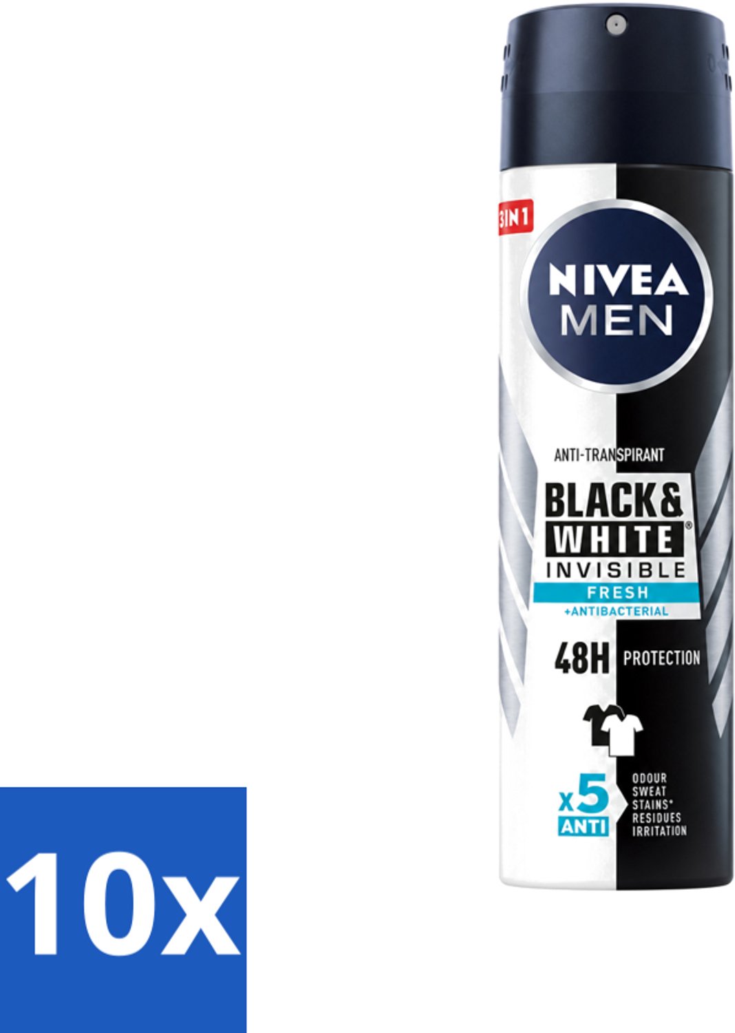 10 x Nivea - Men - Deodorant - Spray - Black & White Invisible Fresh - 150 ml - Voordeelverpakking - 10 stuks