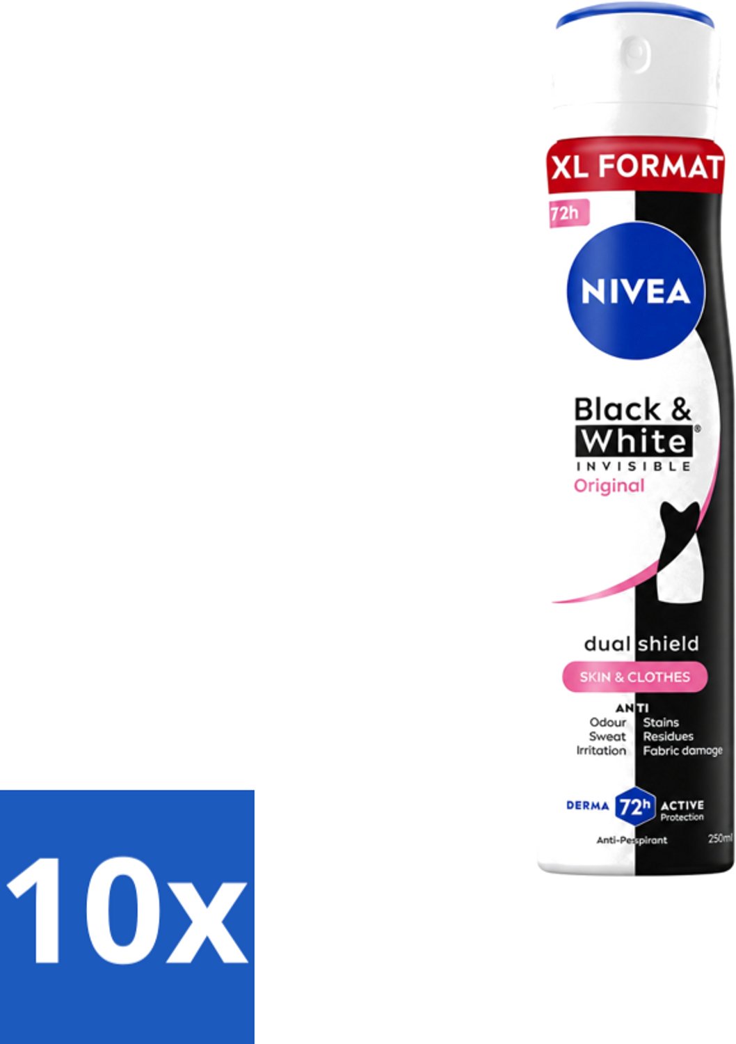 10 x Nivea - Deospray - Invisible Black & White Original - 48 Uur Lang Werkend - 250 ml - Voordeelverpakking - 10 stuks