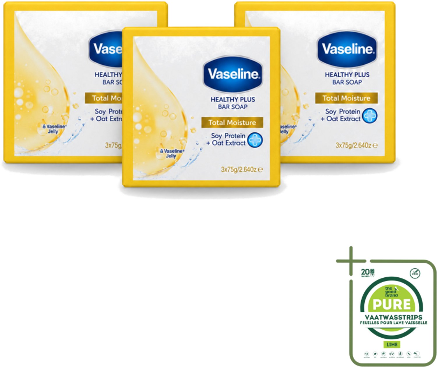3 x Vaseline - Total Moisture - Zeeptablet - Healthy Plus - 3x75 g - Grootverpakking - Vaatwasstrips - Zeep - Huidverzorging - Hydratatie - Reiniging - Gezond Huid