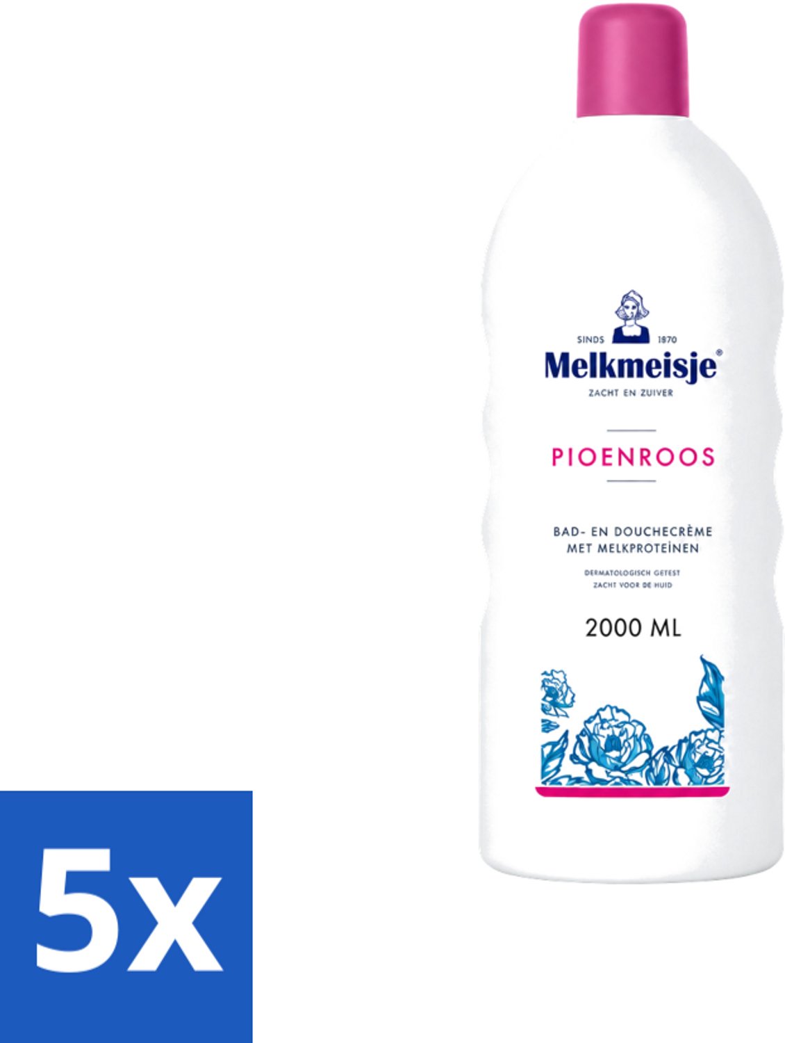 5 x Melkmeisje - Bad & Douche - Pioenroos Geur - Verzorgend & Hydraterend - 2000 ml - Voordeelverpakking - 5 stuks