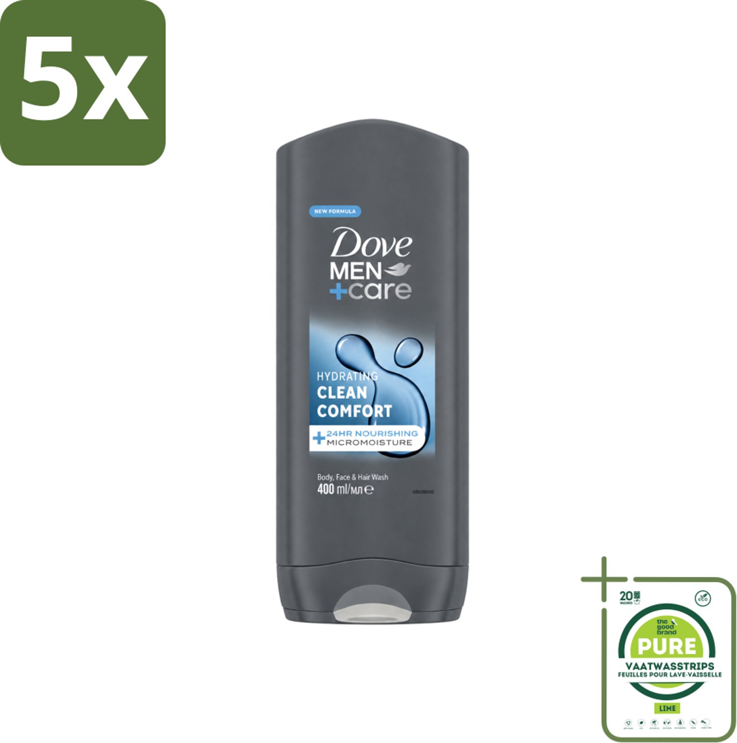 5 x Dove - Douchegel - Men+ Care Clean Comfort - Comfort en verzorging - 400 ml - Grootverpakking - Vaatwasstrips - Douchegel - Mannelijke Geur - Verfrissend - Energie - Reiniging