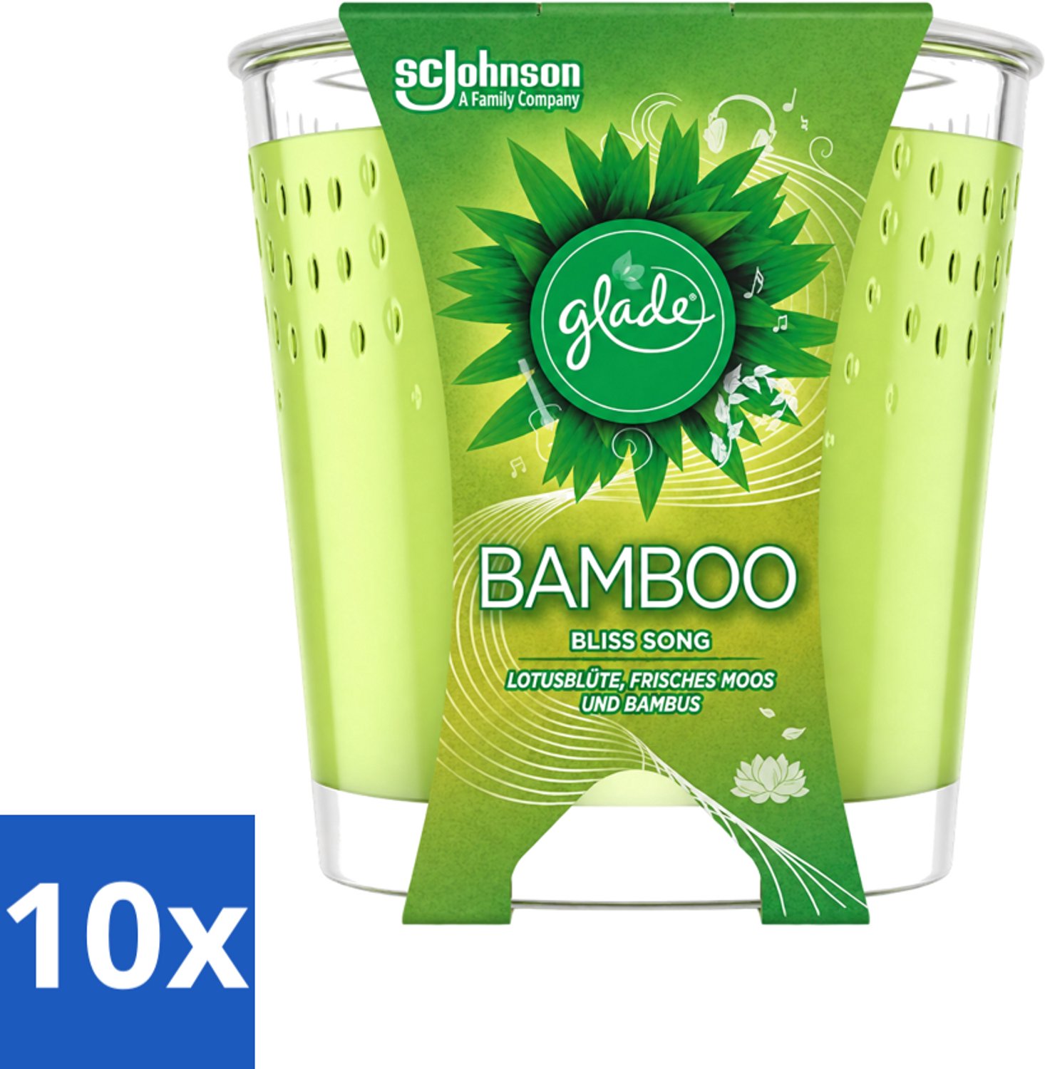 10 x Glade - Geurkaars - Bamboo Bliss Song - Frisse Geur & Relaxatie - 129 g - Voordeelverpakking - 10 stuks