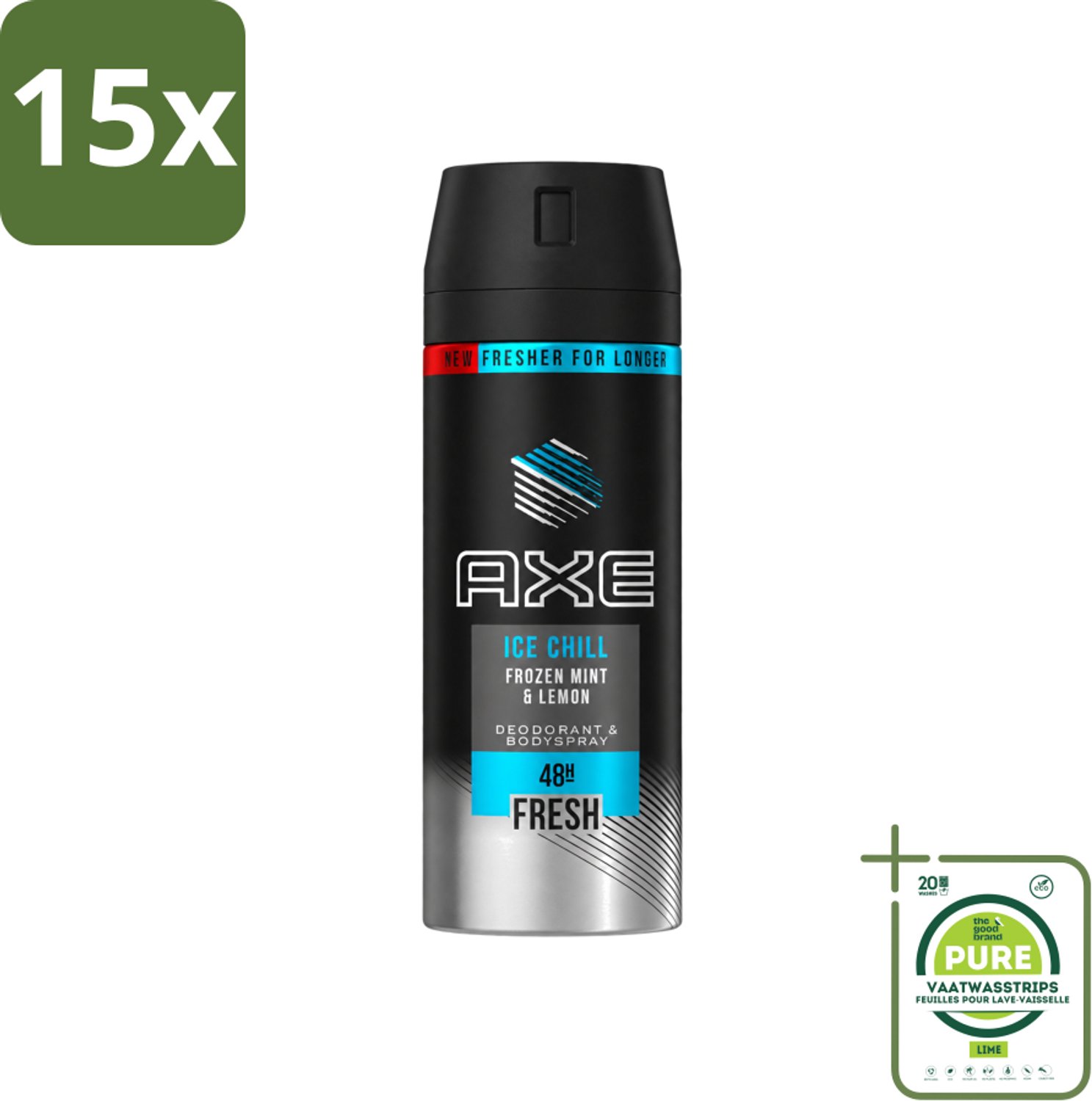 15 x Axe - Deodorant Bodyspray - 48hrs Fresh - Ice Chill - Frozen Mint & Lemon - 150 ml - Grootverpakking - Vaatwasstrips - Bevroren Munt - Citroen - Frisheid - Geurbestrijding - Deodorant