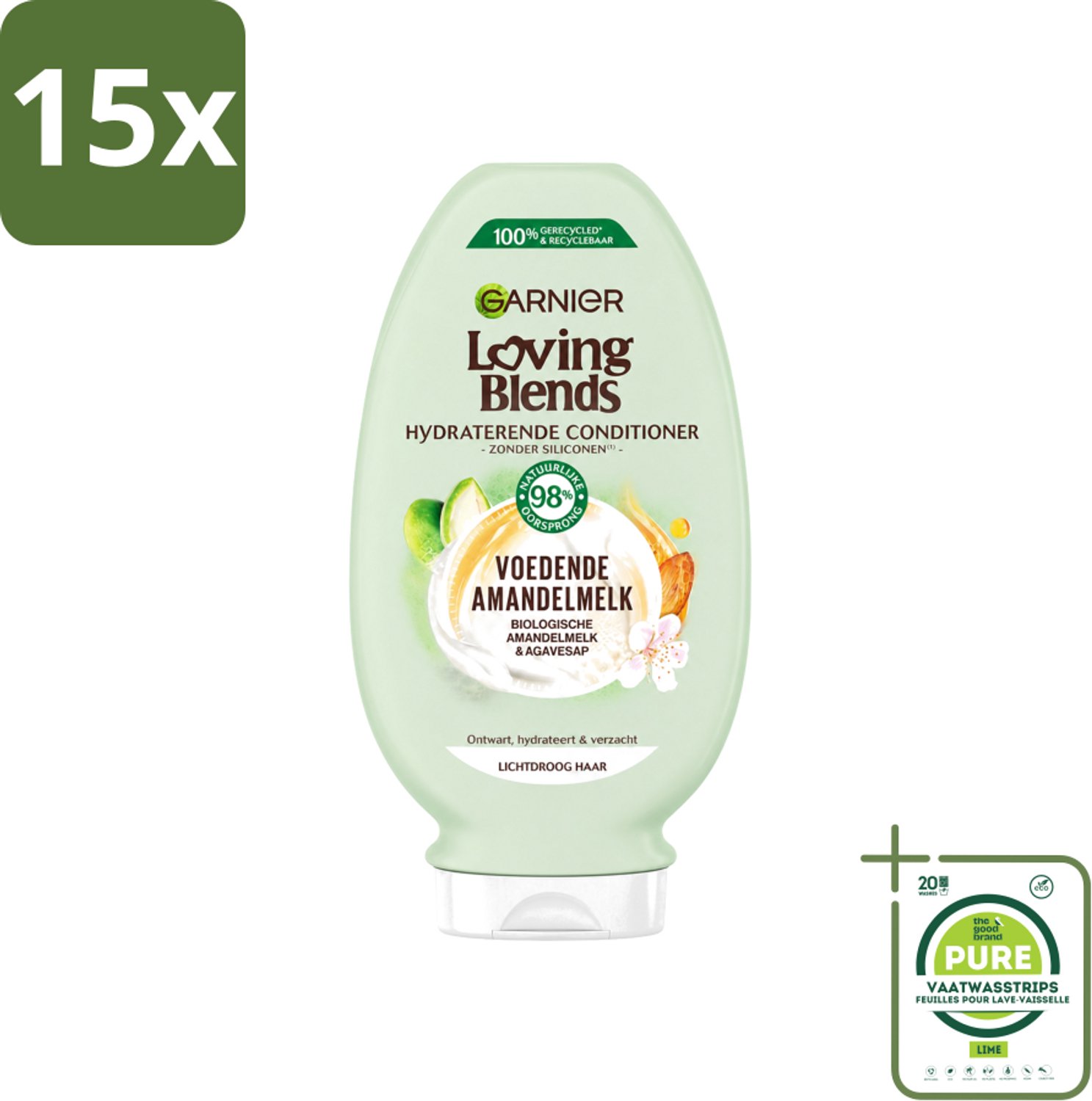 15 x Garnier - Loving Blends - Conditioner - Voedende Amandelmelk - Lichtdroog Haar - 250 ml - Grootverpakking - Vaatwasstrips - Voedende Amandelmelk Conditioner - Lichtdroog Haar - Hydraatatie - Natuurlijke Ingrediënten - Biologisch Haarverzorging