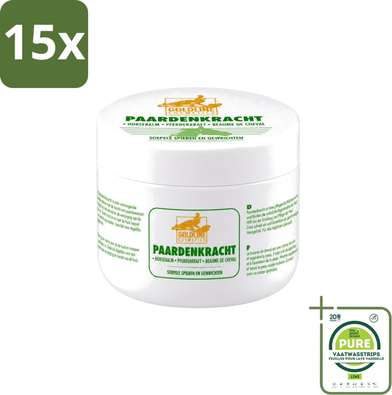 15 x Goldline - Bodycrème - Paardenkracht - Herstel & Verzorging - 250 ml - Grootverpakking - Vaatwasstrips - Paardenkracht Bodycrème - Huid Herstel - Huid Verzorging - Spieren Verzorgen - Gewrichten Verzorgen