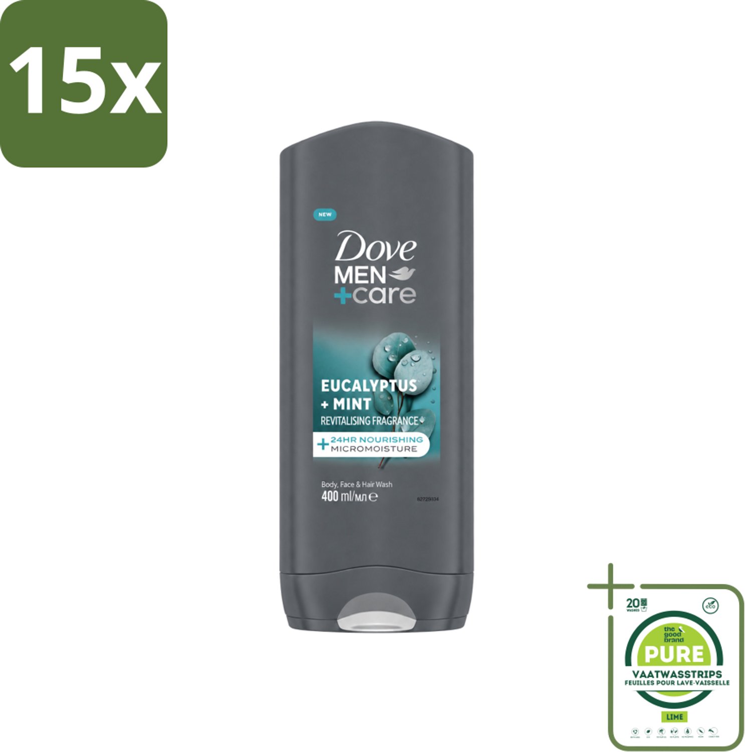 15 x Dove - Douchegel - Men+ Care Eucalyptus + Mint - Verfrissend en kalmerend - 400 ml - Grootverpakking - Vaatwasstrips - Douchegel Voor Mannen - Eucalyptus En Munt - Hydratatie Huid - Verzorging Voor Mannen - 3-in-1 Douchegel