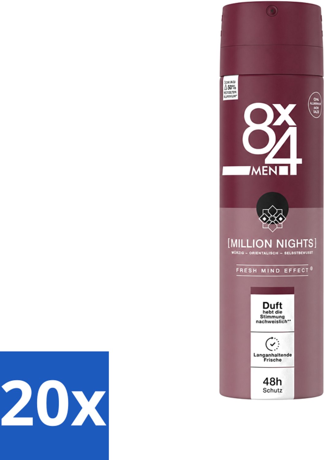 20 x 8 x 4 Deospray Men - No.18 Millions Nights - Deodorant - Voor Heren - 150 ml - Voordeelverpakking - 20 stuks