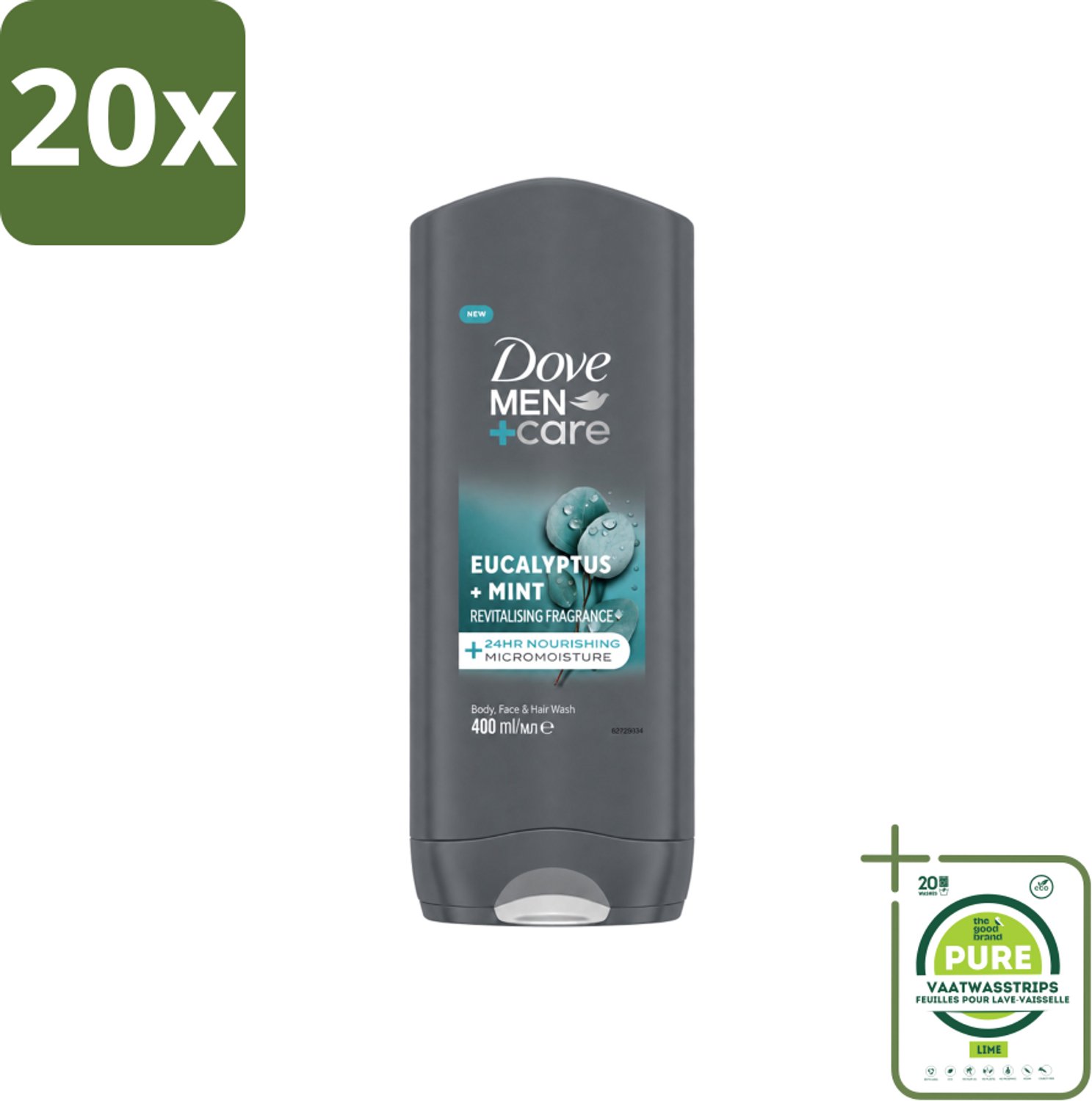 20 x Dove - Douchegel - Men+ Care Eucalyptus + Mint - Verfrissend en kalmerend - 400 ml - Grootverpakking - Vaatwasstrips - Douchegel Voor Mannen - Eucalyptus En Munt - Hydratatie Huid - Verzorging Voor Mannen - 3-in-1 Douchegel