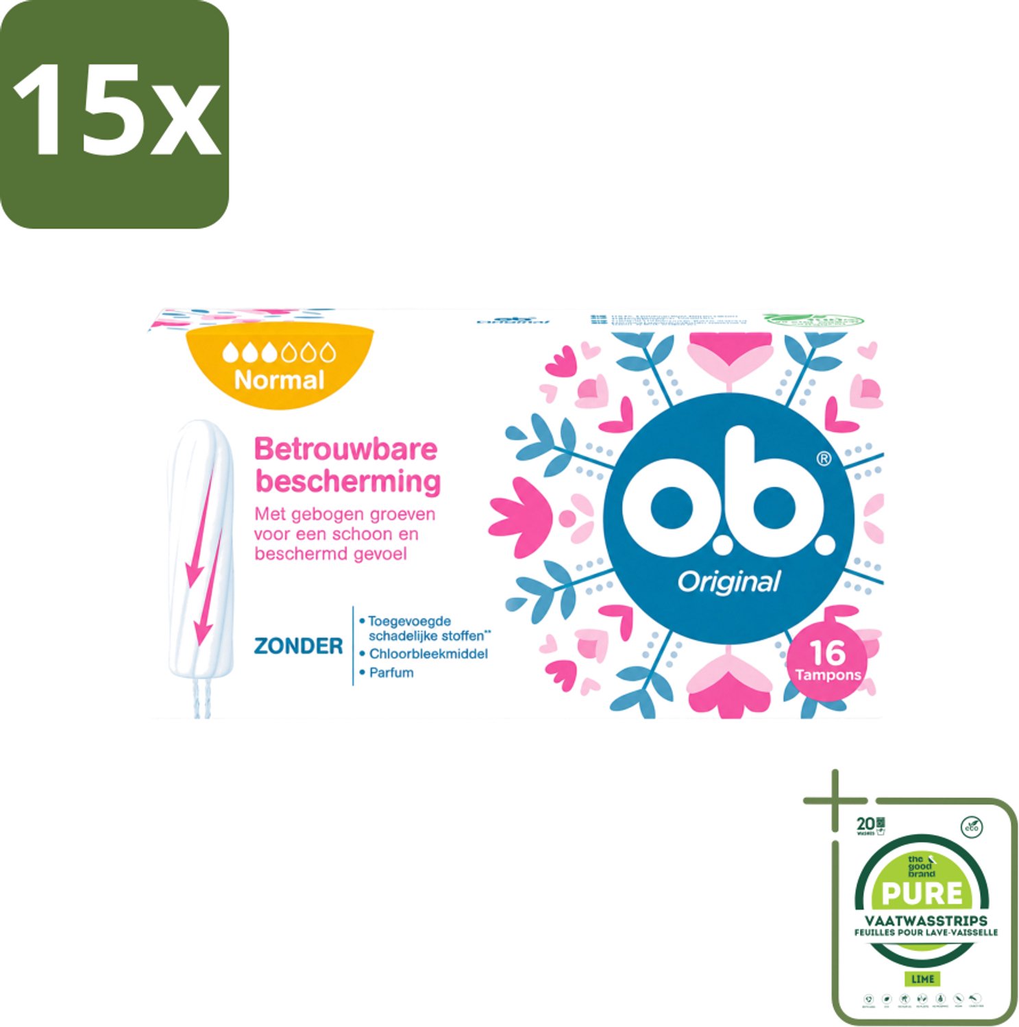 15 x o.b. Tampons - Original Normal - Voor Comfort en Betrouwbare Bescherming - 16 Tampons - Grootverpakking - Vaatwasstrips - Tampons - Menstruatiebescherming - Plantaardige Tampons - Chloorvrije Tampons - Parfumvrije Tampons
