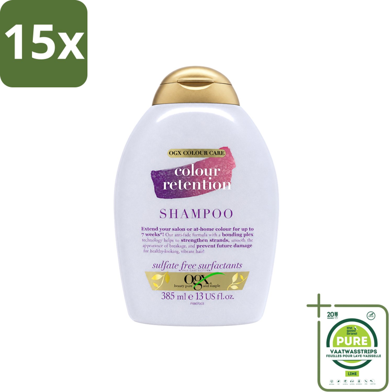 15 x OGX - Colour Retention - Shampoo - Voor Gekleurd Haar - 385 ml - Grootverpakking - Vaatwasstrips - Kleurbehoud Haar - Haarkleur Behouden - Haarkleur Stralen - Haarkleur Beschermen - Haarkleur Verliezen