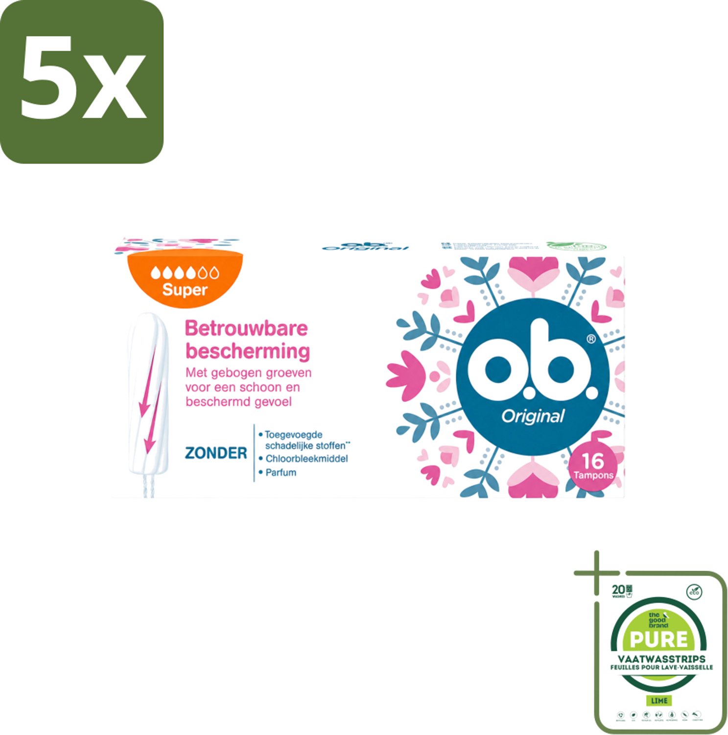 5 x o.b. Tampons - Original Super - Gebogen Groeven - Voor Betrouwbare Bescherming - 16 Tampons - Grootverpakking - Vaatwasstrips - Tampons - Menstruatiebescherming - Gebogen Groeven - StayDry - Plantaardige Kern